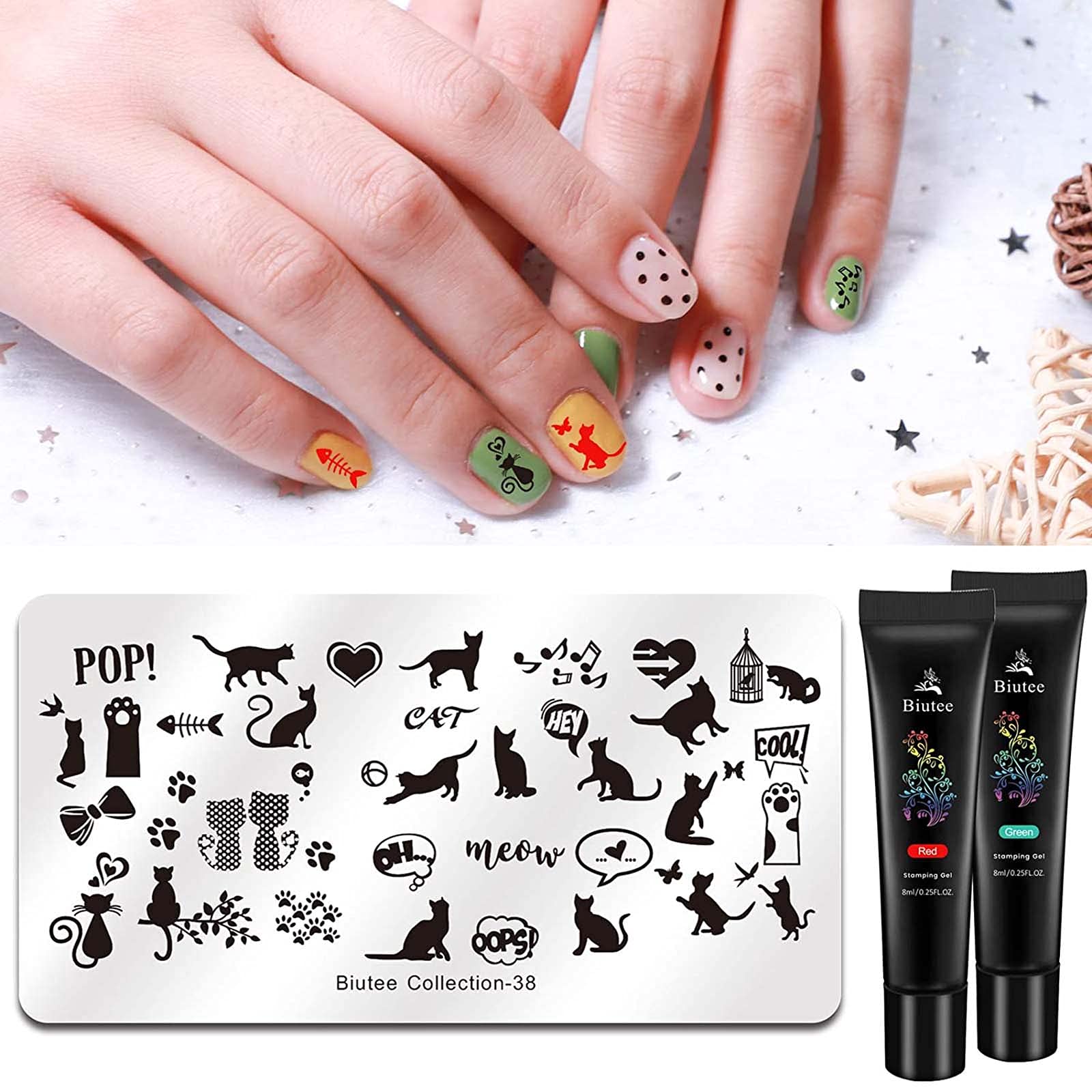 Biutee Professional Nail Stamp Kit - 8 Colors Gel Stamping Polish, 5 Nail Stamp Plates, Stamper & Scraper - Salon Quality Manicure Tools for DIY Nail Art at Home or Professional Use
