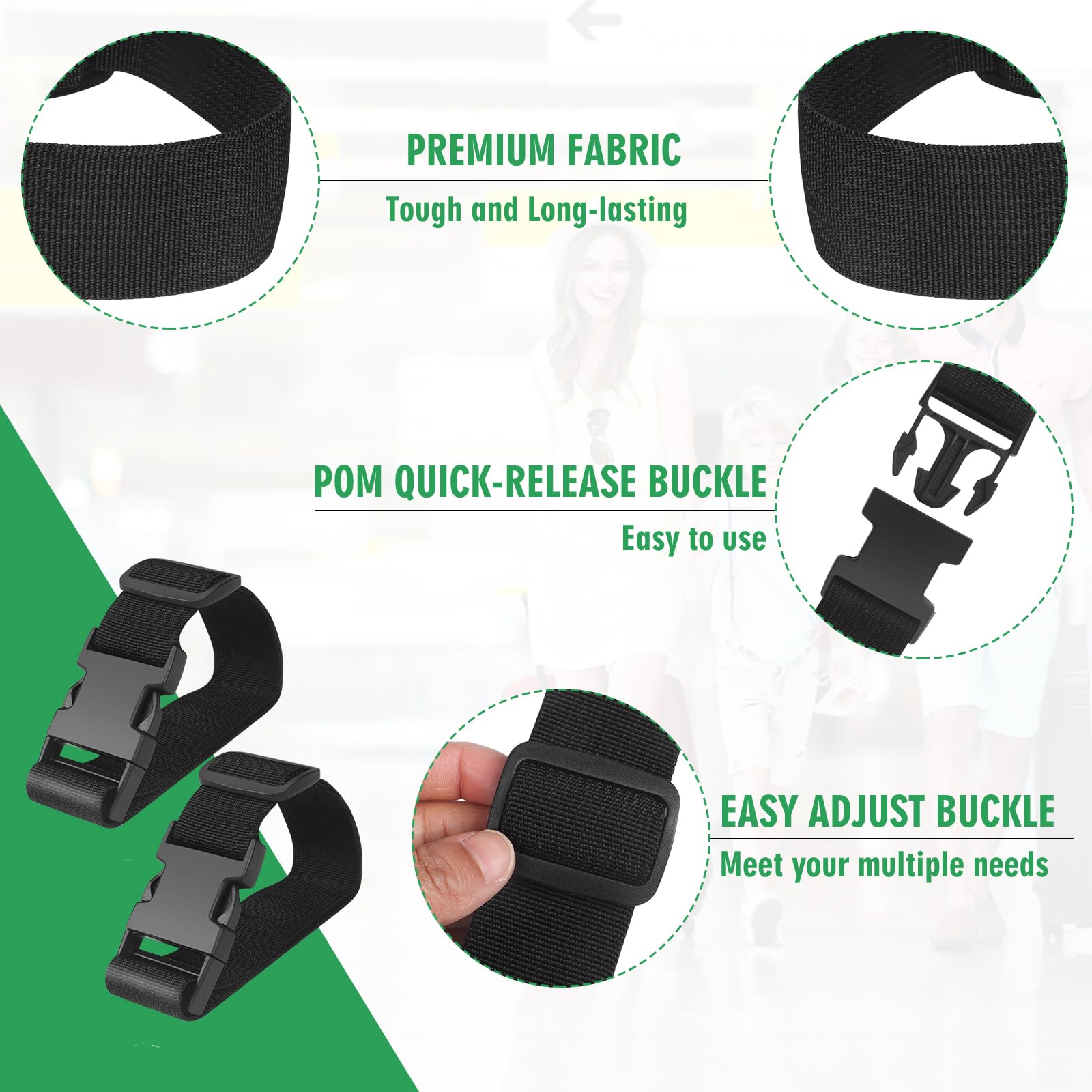 2PCS 22 Inch Adjustable Luggage Straps for Suitcases - Black | Secure Travel Accessories for Connecting Two Bags or Packages | Perfect for Airports, Train Travel & Family Vacations