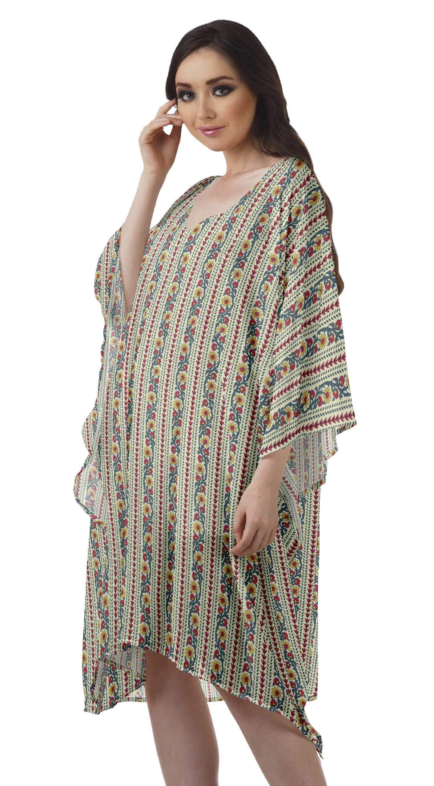 Moomaya Women's Georgette Short Beach Kaftan - Flowy Bikini Cover Up Dress with Side Slits | Perfect for Poolside, Vacation & Summer Outfits