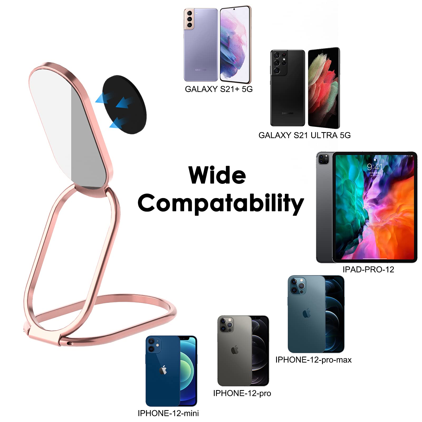 360° Rotating Metal Phone Ring Holder & Kickstand - Magnetic Car Mount Compatible, Foldable Phone Grip for iPhone Samsung Galaxy (Perfect for Driving, Video Calls & Hands-Free Viewing)