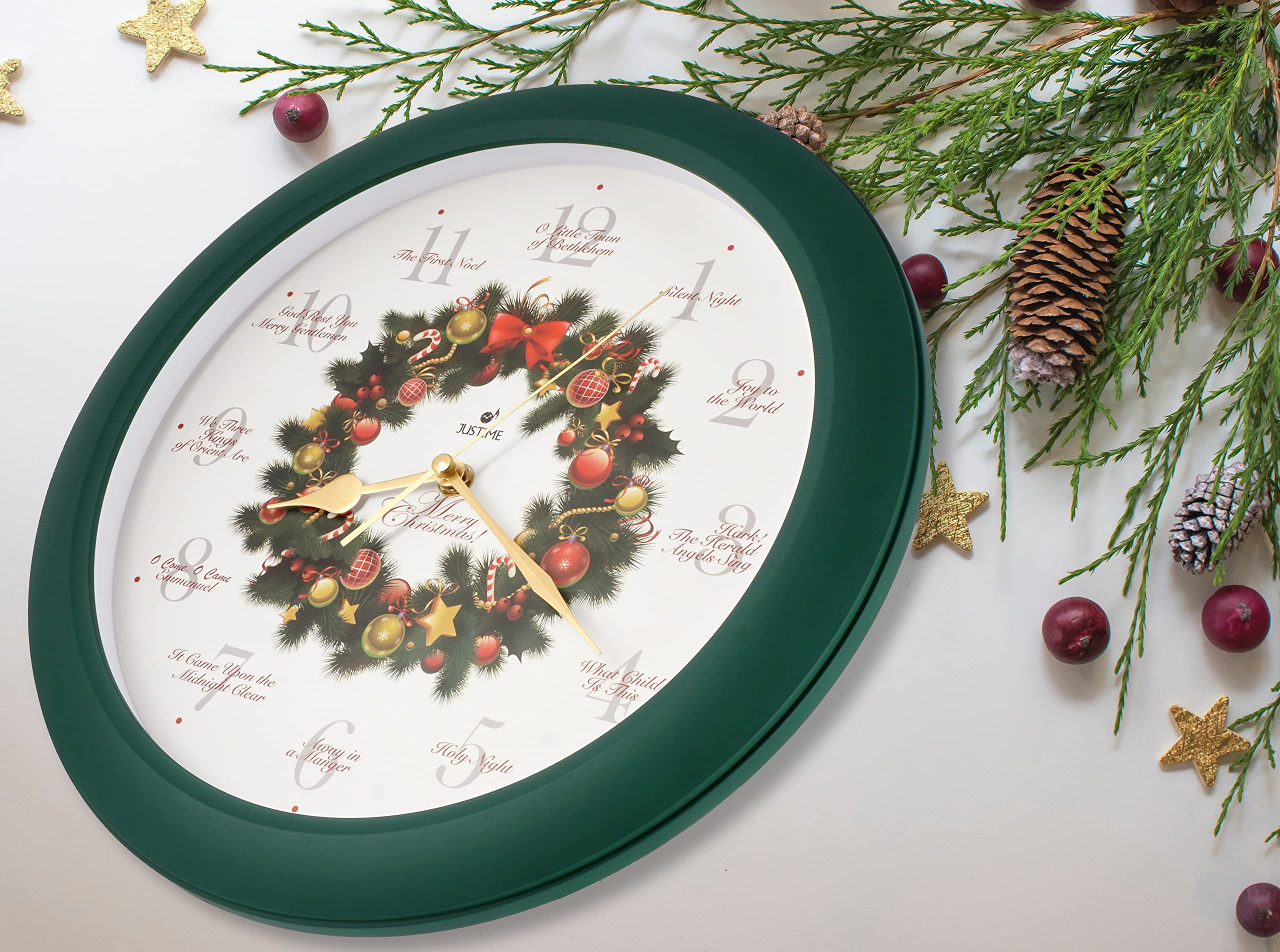 JUSTIME 14-inch Christmas Musical Wall Clock with 12 Carol Melodies - Holiday Wreath Design, Round Chime Clock for Home Decor - Perfect for Living Room, Bedroom, and Christmas Party Decoration