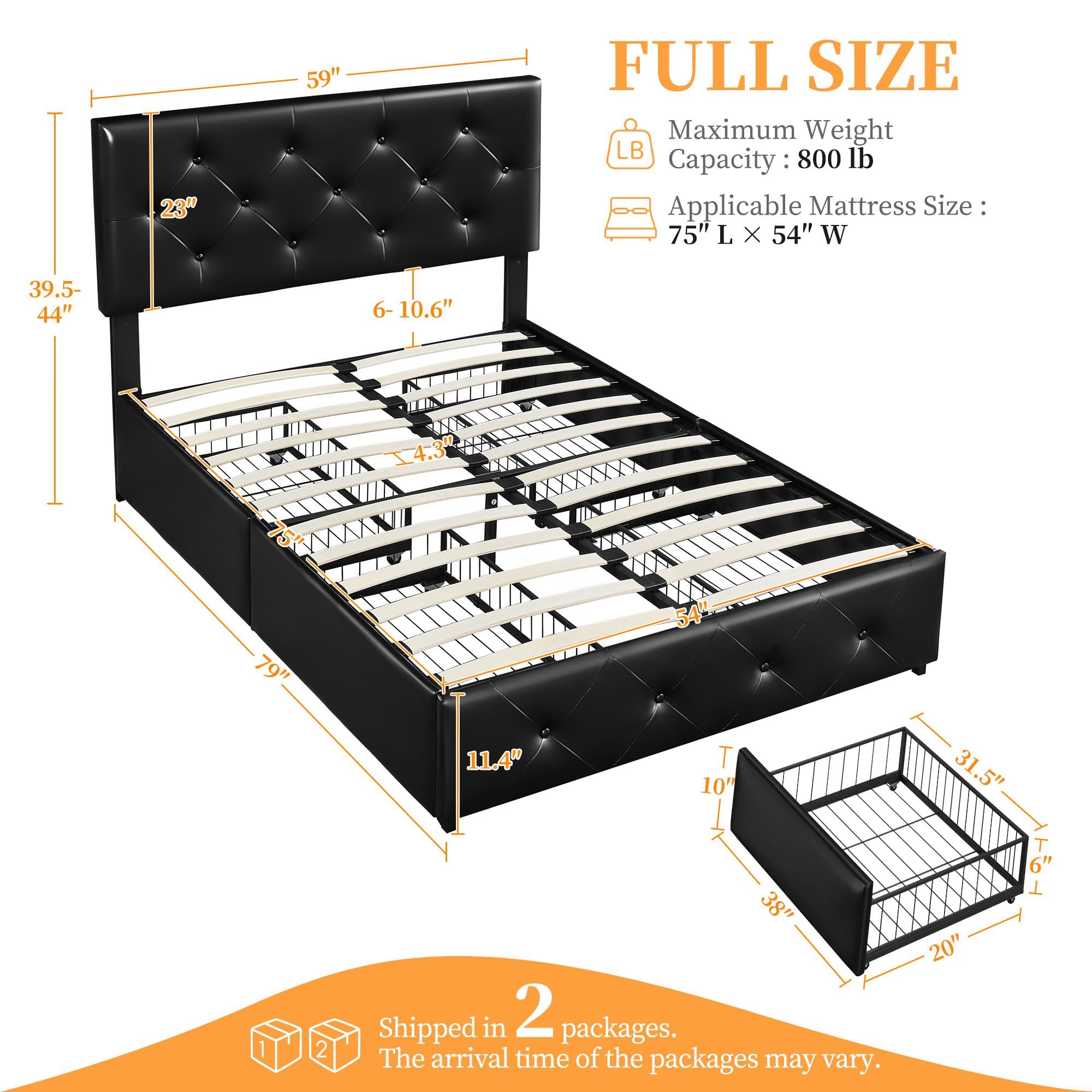 Yaheetech Full Size Upholstered Bed Frame with 4 Storage Drawers - Adjustable Headboard, Faux Leather Platform Bed with Wooden Slats Support - No Box Spring Needed - Black (Perfect for Small Bedrooms & Guest Rooms with Storage Needs)