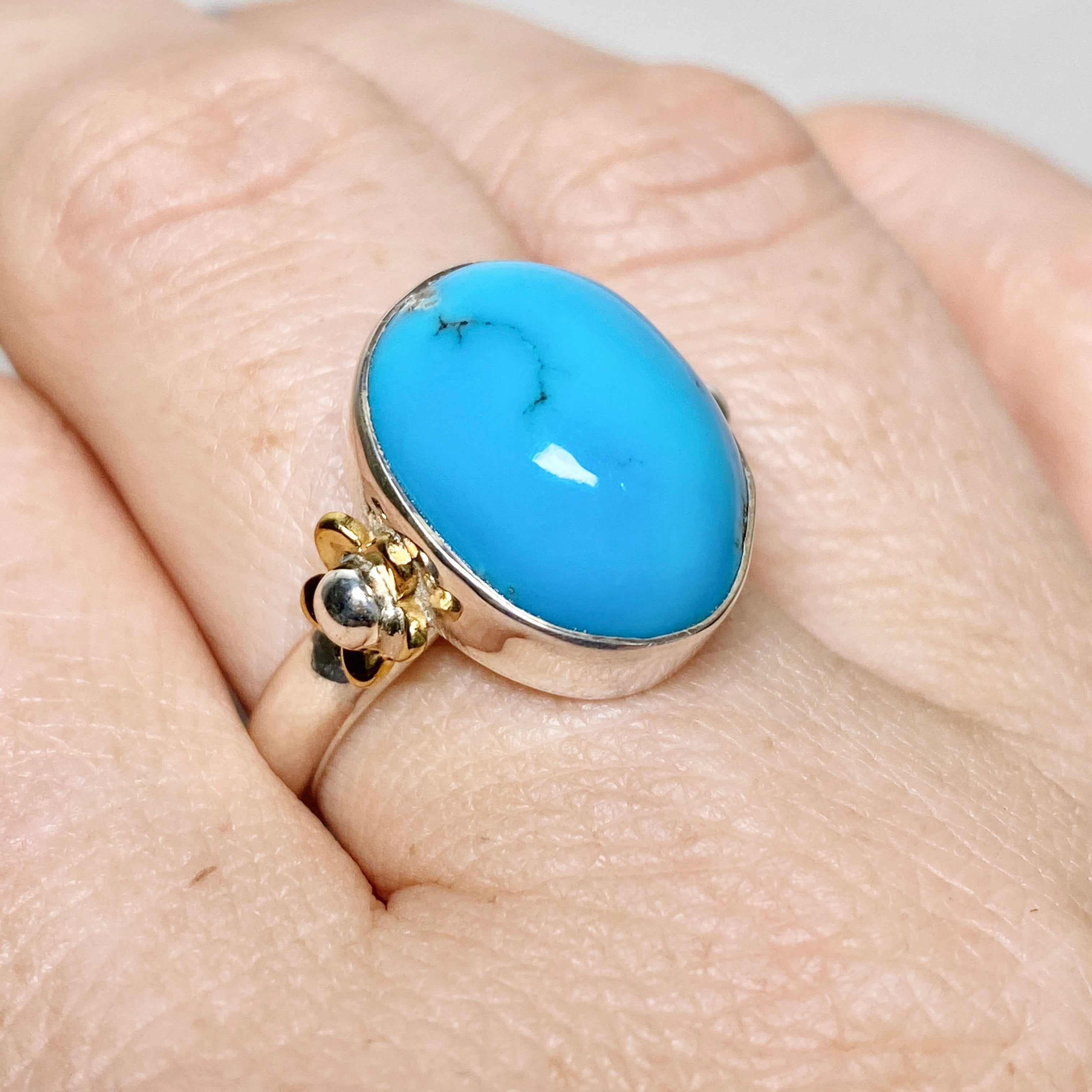 Arizona Turquoise Oval Cabochon Ring with Brass Accents - Size 9 Sterling Silver Jewelry for Women - Perfect for Boho Fashion, Gift Giving & Special Occasions KRGJ3403