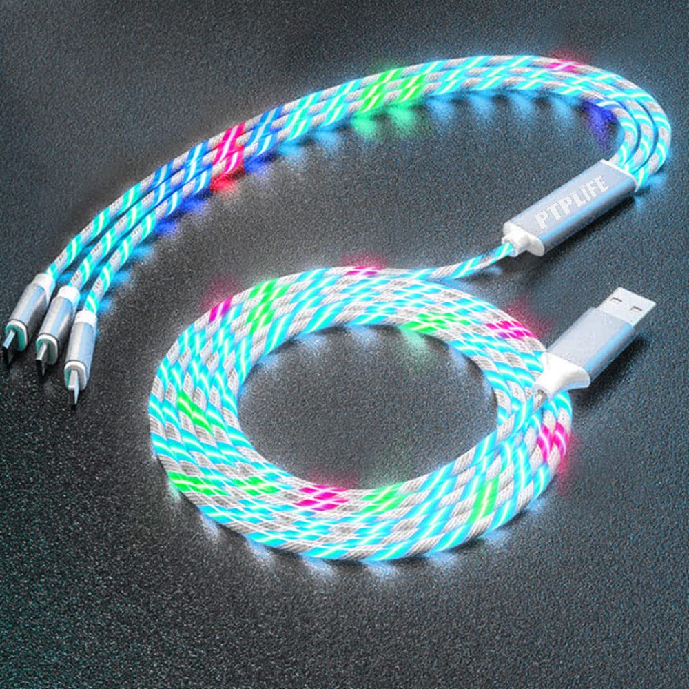 3-in-1 LED Glow Charging Cable with Multicolor Flowing Lights - USB C/Lightning/Micro USB Fast Charger Cord for iPhone, Samsung, PS4, Kindle (Perfect for Night Use, Gaming & Car Charging)