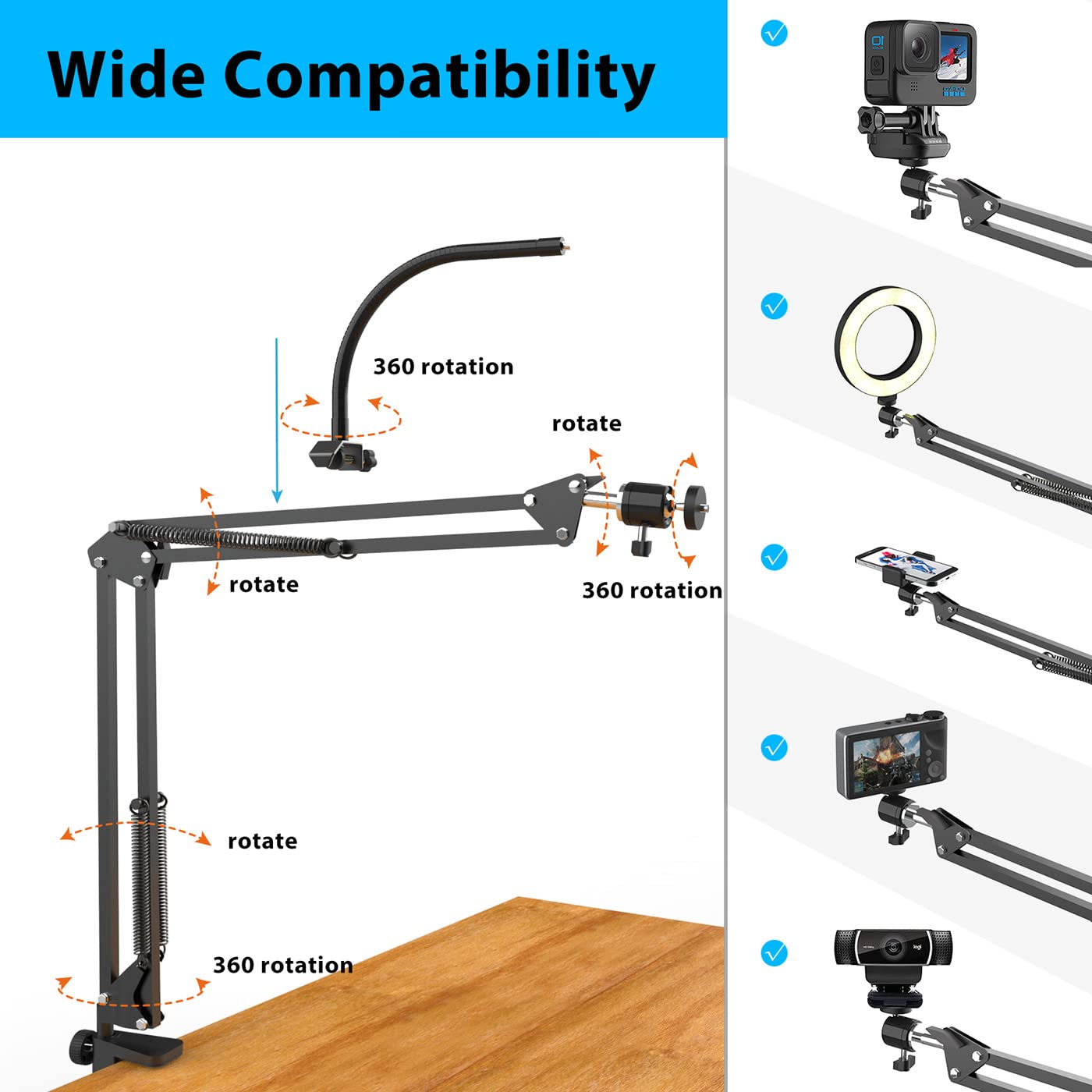 Professional Overhead Camera Mount with Adjustable Ring Light - Flexible Articulating Phone Arm Stand Compatible with iPhone, Android, Logitech Webcam - Perfect for YouTube Live Streaming, Cooking Tutorials, Nail Art Videos & Desk Recording (Includes Sturdy Tripod Base)