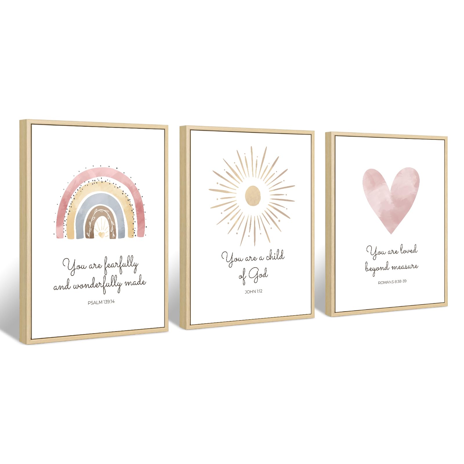Boho Nursery Wall Art Set - 3 Piece Christian Bible Verse Prints for Girls, Heart Rainbow & Sun Decor, 12x16 Inch Framed - Perfect for Baby & Kids Room, Nursery, Bedroom, or Playroom Decor