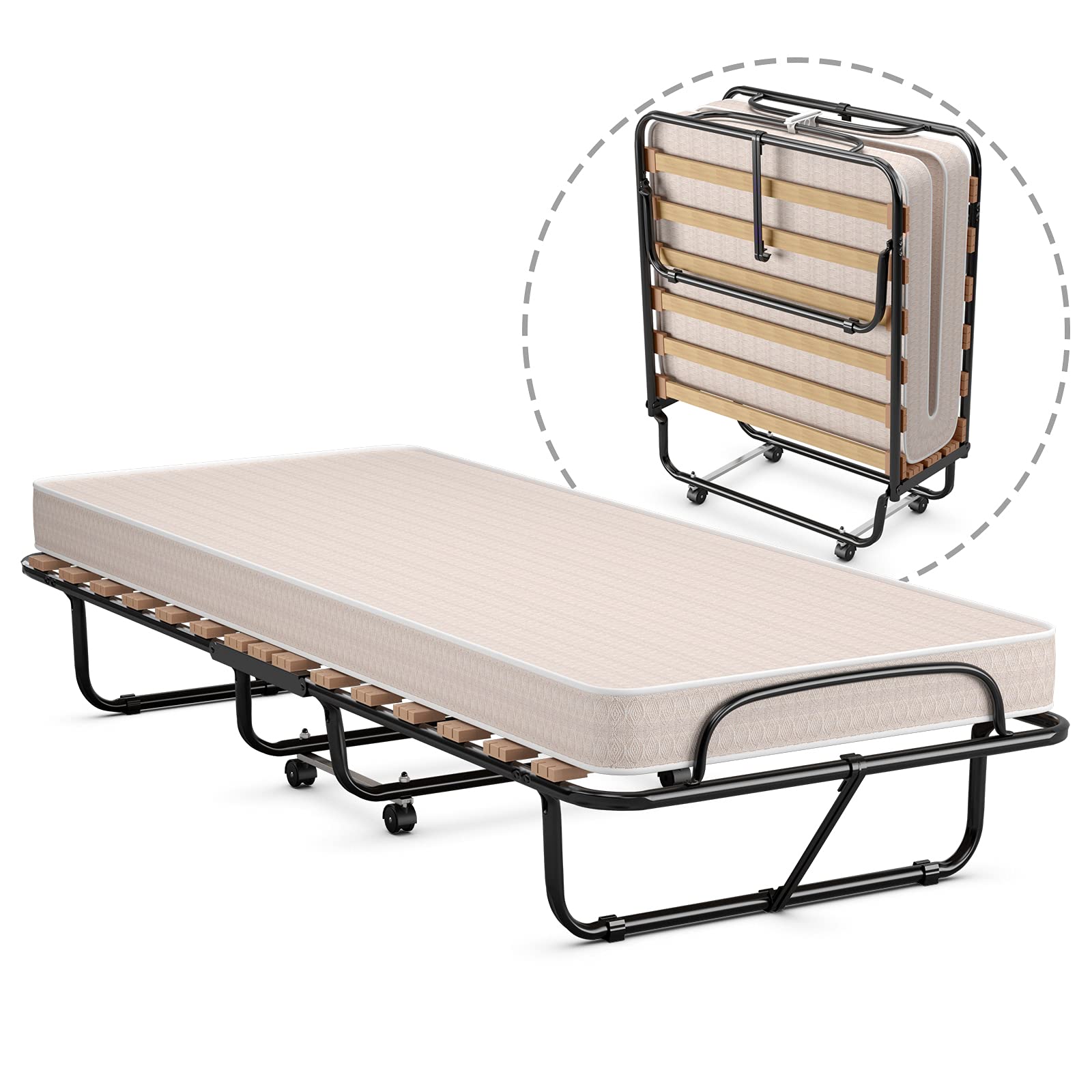GOFLAME Rollaway Folding Bed with Memory Foam Mattress - Twin Size Portable Guest Bed for Adults, Sturdy Metal Frame - Perfect for Spare Bedrooms, Home Offices & Overnight Guests
