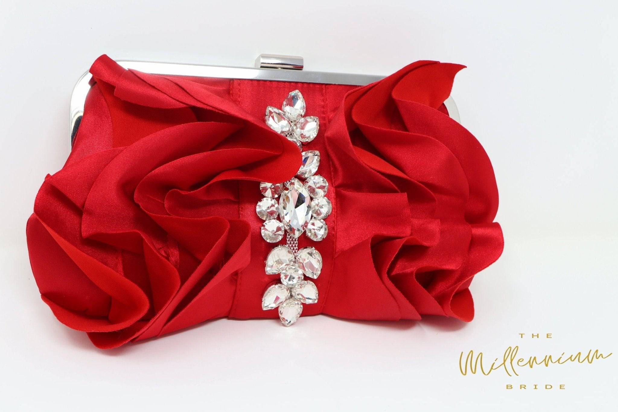 Red Rose Crystal Satin Floral Wedding Clutch Purse - Elegant Evening Bag for Brides, Prom & Special Occasions - Crossbody Statement Purse for Weddings, Parties & Formal Events