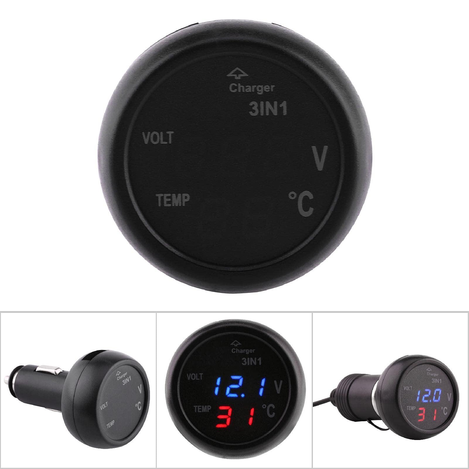 Dual LED Digital Display Battery Charging Gauge with Voltmeter & Thermometer - 12V Car Cigarette Lighter USB Charger (Blue/Red) - Perfect for RV, Truck, Boat & Automotive Battery Monitoring