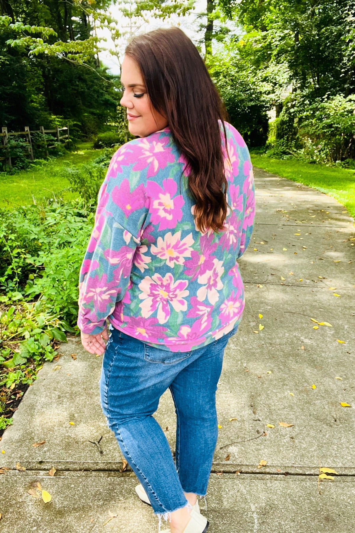 Feeling Femme Teal Floral Brushed Hacci Sweater Top | Women's Casual Knit Pullover | Perfect for Fall Outfits & Coffee Dates