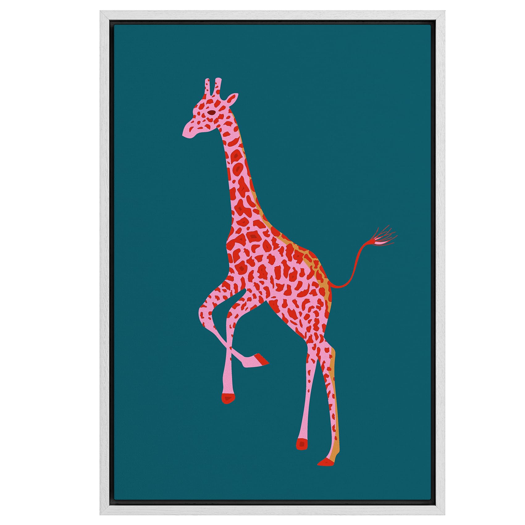 Preppy Pink African Cartoon Giraffe Framed Canvas Wall Art - 16x24 Inch Boho Chic Animal Print for Living Room, Bedroom & Office Decor | Nature Wilderness Drawing in White Frame | Perfect for Nursery, Dorm or Gift