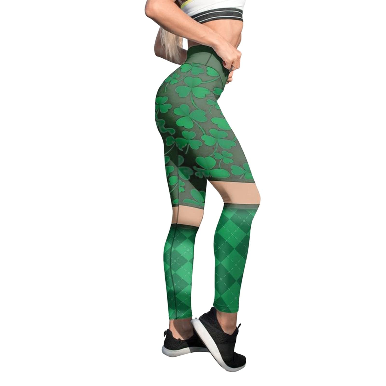 St. Patrick's Day Women's Shamrock Print Yoga Pants - High Waisted Tummy Control Stretchy Leggings with Clover Leaves Design for Workouts, Running & Casual Wear