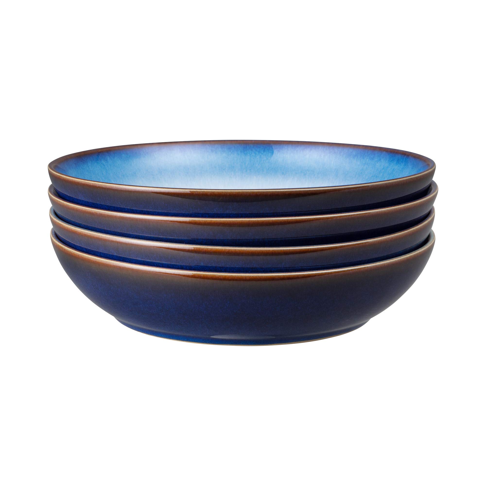 Denby Blue Haze Pasta Bowls Set of 4 - Microwave & Dishwasher Safe Ceramic Stoneware - Elegant Dinnerware for Italian Pasta, Salad, Soup - Perfect for Family Dinners & Entertaining Guests