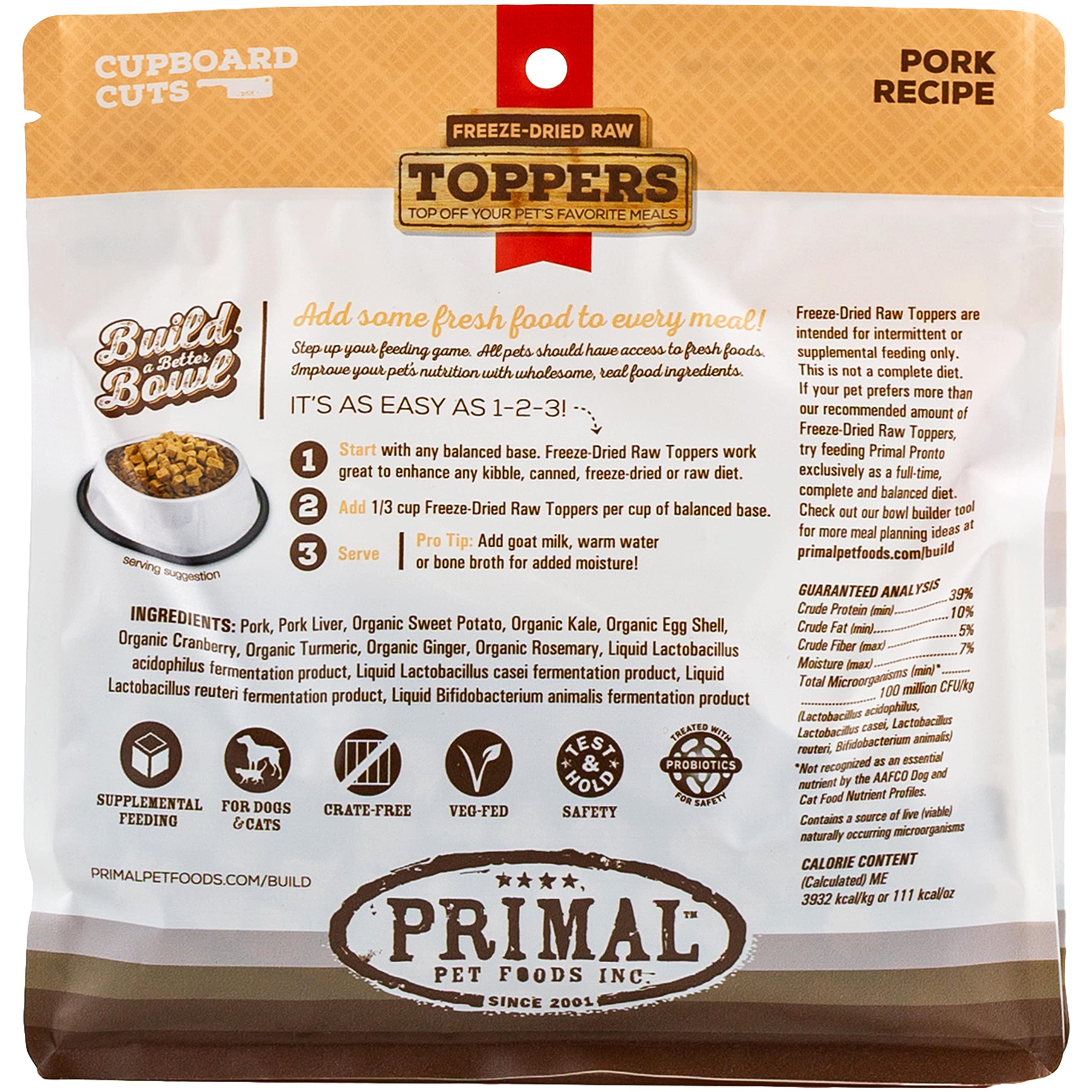 **Primal Freeze-Dried Pork Dog & Cat Food Toppers - Grain-Free, Probiotic-Enriched Meal Mixers & Training Treats (3.5 oz) - Perfect for Kibble Boosters, Picky Eaters & Reward-Based Training**