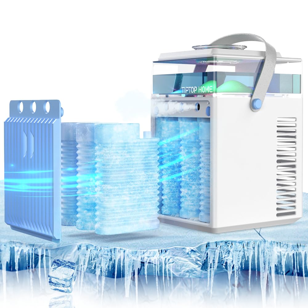 Portable Air Conditioner Fan - Rechargeable 4-in-1 Mini Personal Cooler & Humidifier with 3 Speeds, 7 Color LED Lights | Cordless Desktop Evaporative Air Cooler | Quiet Cooling Fan for Home, Office & Outdoor Use