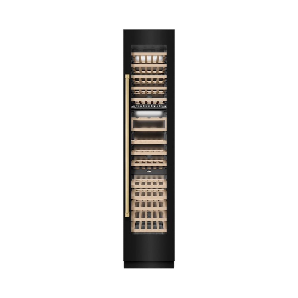 ZLINE Autograph Edition 18-Inch 9.0 cu. ft. Triple Zone 68-Bottle Right Hinge Column Wine Cooler - Black Stainless Steel with Champagne Bronze Accents (RCWVRZ BS 18 CB) | Perfect for Wine Cellars, Restaurants & Home Bars