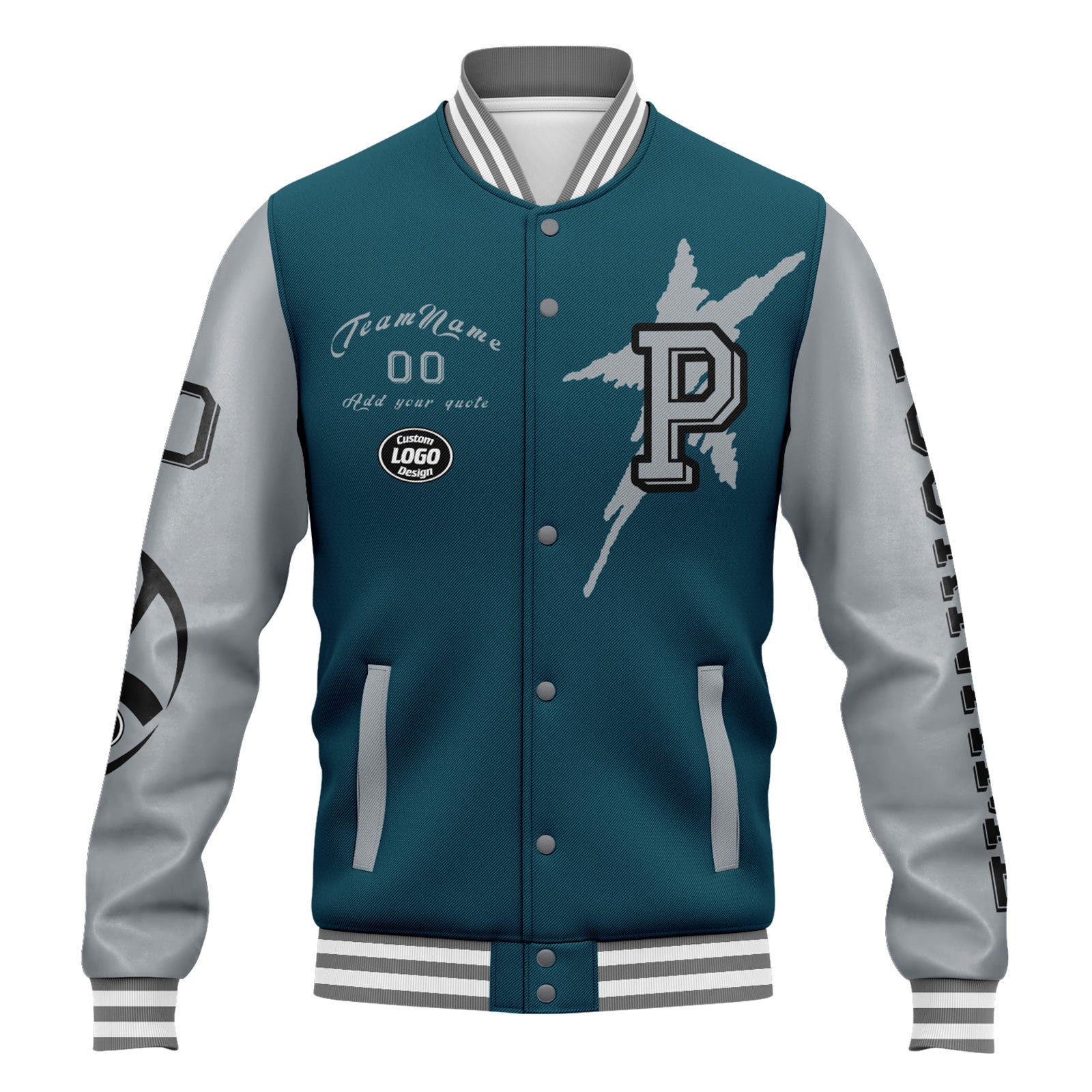 Custom Green & Gray Philadelphia Bomber Jacket - Full Snap Varsity Letterman Personalized Jacket (FZ005SX D020290) | Vintage Style for Sports Fans & Streetwear Fashion