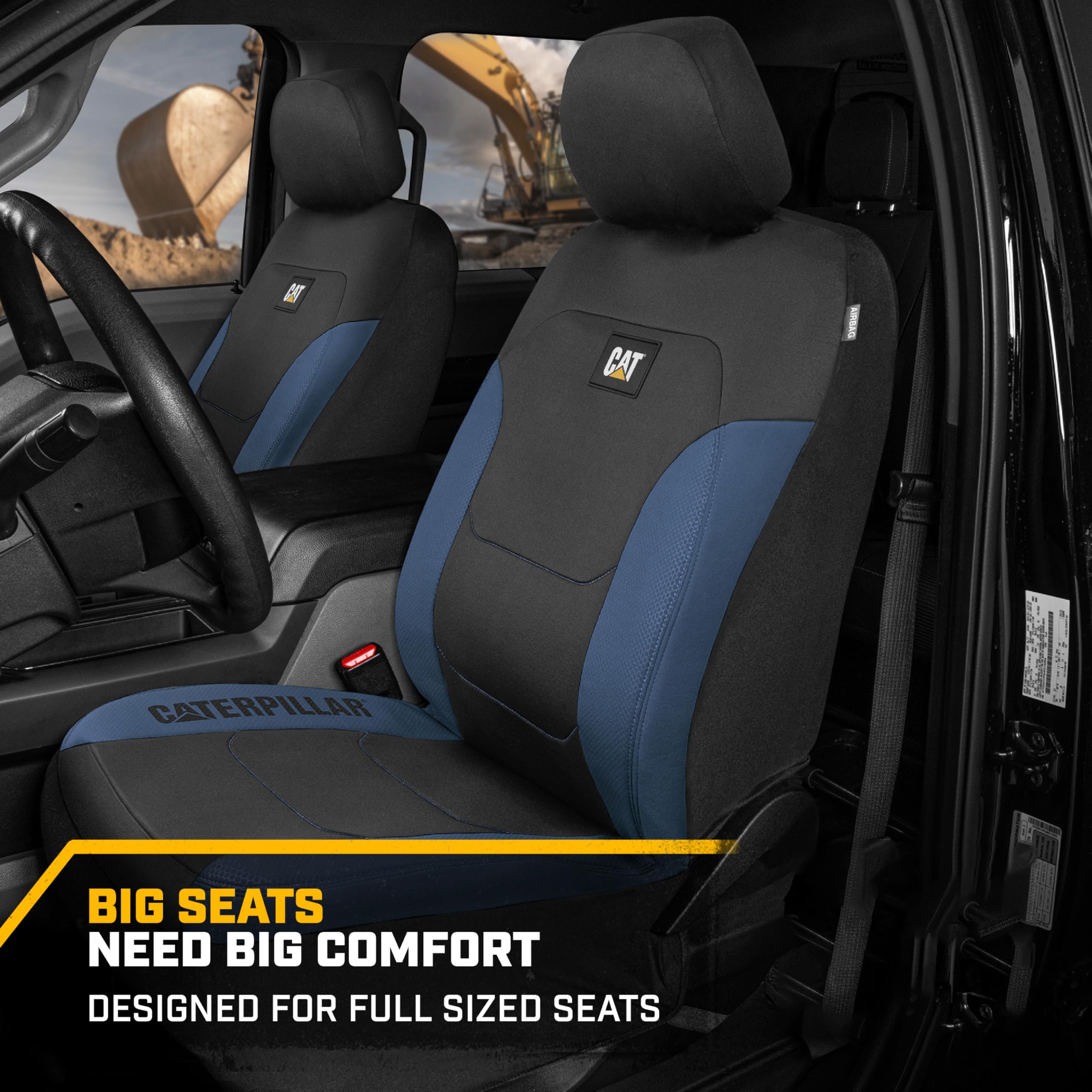 Premium Cat Flexfit Black & Blue Car Seat Covers - 2-Piece Front Seat Protectors for Cars, Trucks & SUVs | Airbag Compatible, Universal Fit | Perfect for Road Trips, Commuting & Pet Protection