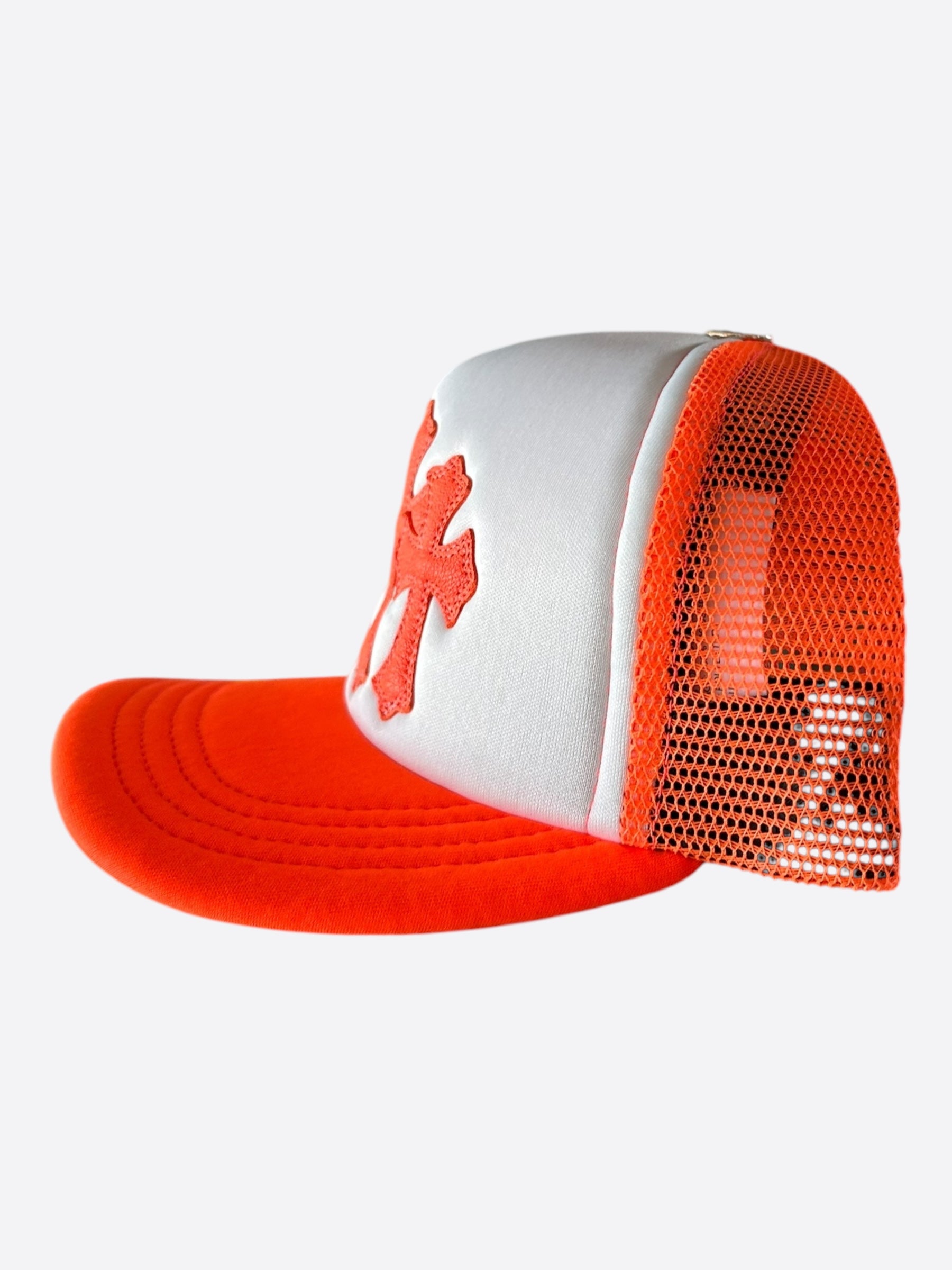 Chrome Hearts Orange Cemetery Cross Patch Trucker Hat - Stylish Embroidered Adjustable Cap for Men & Women - Perfect for Streetwear, Hip-Hop Fashion & Outdoor Activities