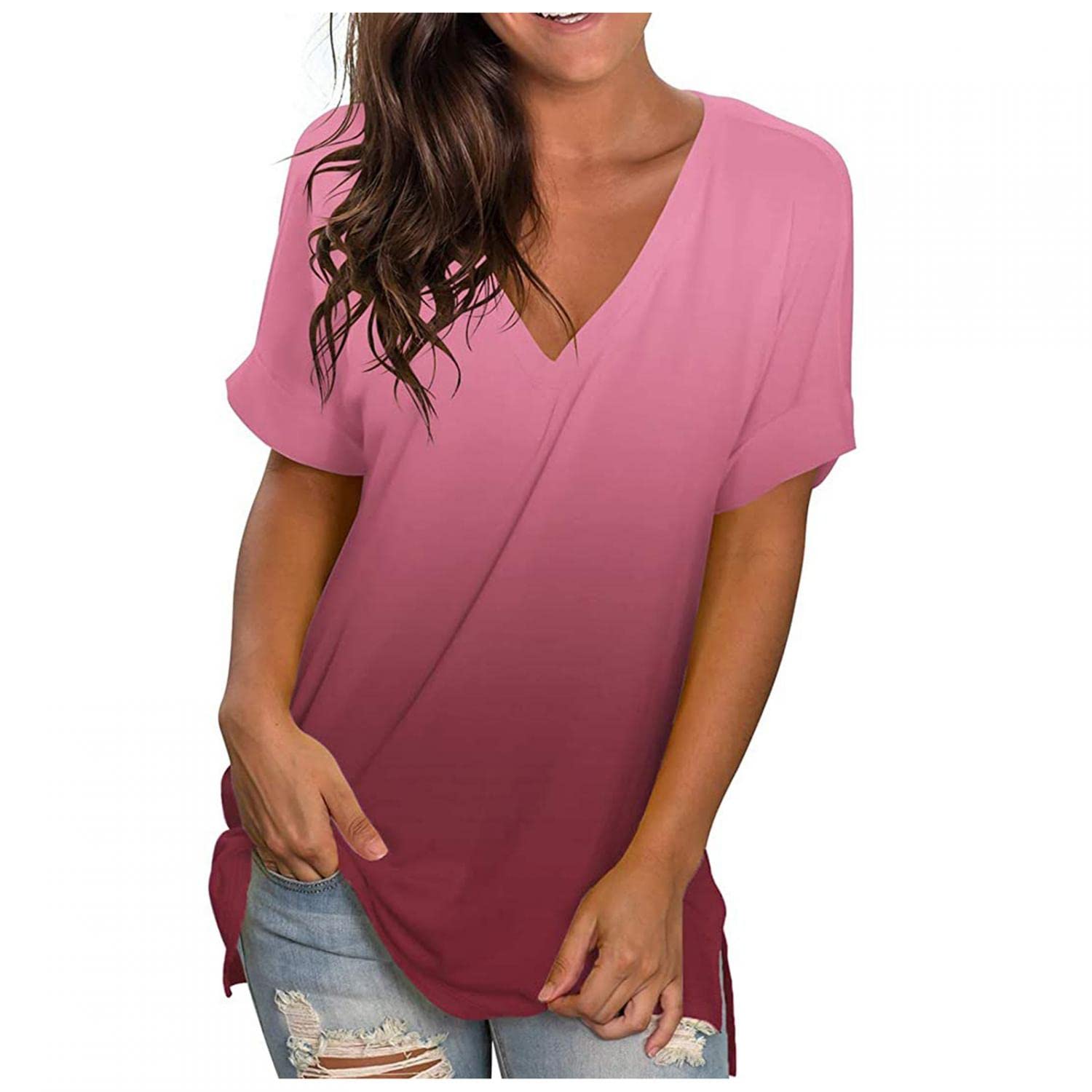 Trendy Women's Casual Summer Tops - V Neck Loose Fit Short Sleeve Lace Blouses & Hollow Out Tees | Perfect for Beach Outings, Date Nights & Everyday Wear