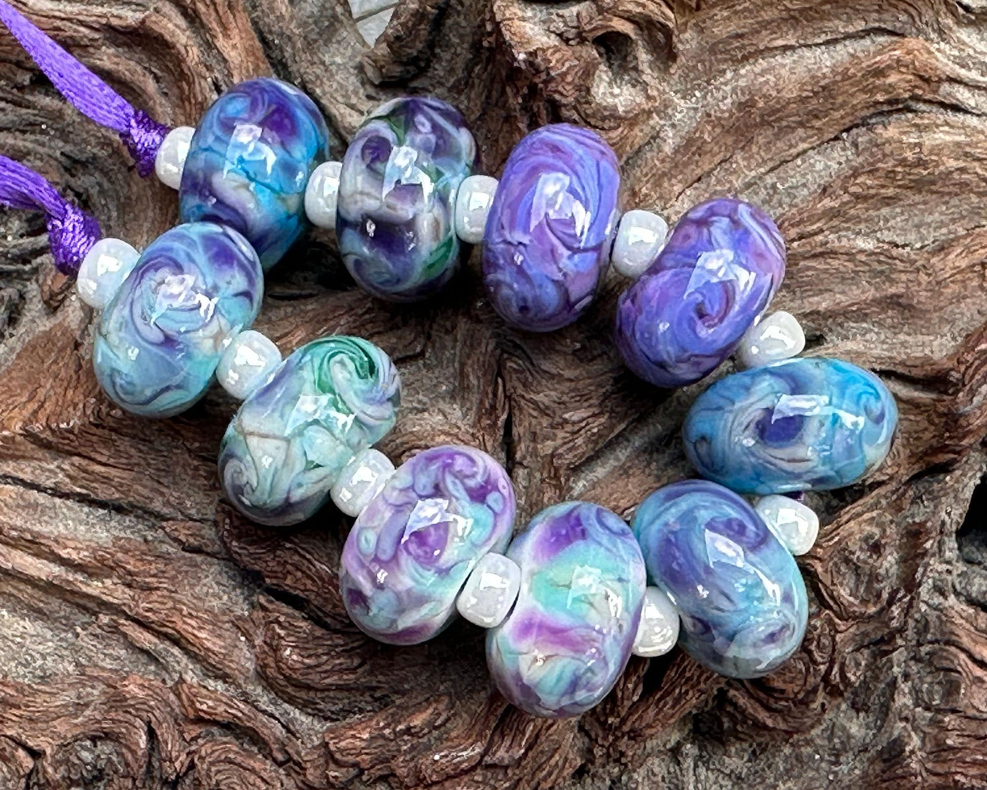 10 Purple Blue Mosaic Twists Lampwork Glass Beads Set for Jewelry Making - DIY Bracelet, Necklace & Craft Projects (SRA)