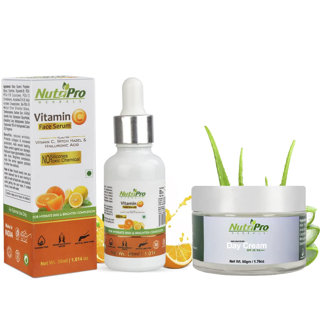 NutriPro Vitamin C Face Serum & Brightening Day Cream 80g - Hydrating & Glow Boosting with Vitamin C, Hazel & Aloe Vera | Silicone-Free, Paraben-Free | Perfect for Daily Skincare & Dull Skin Revival