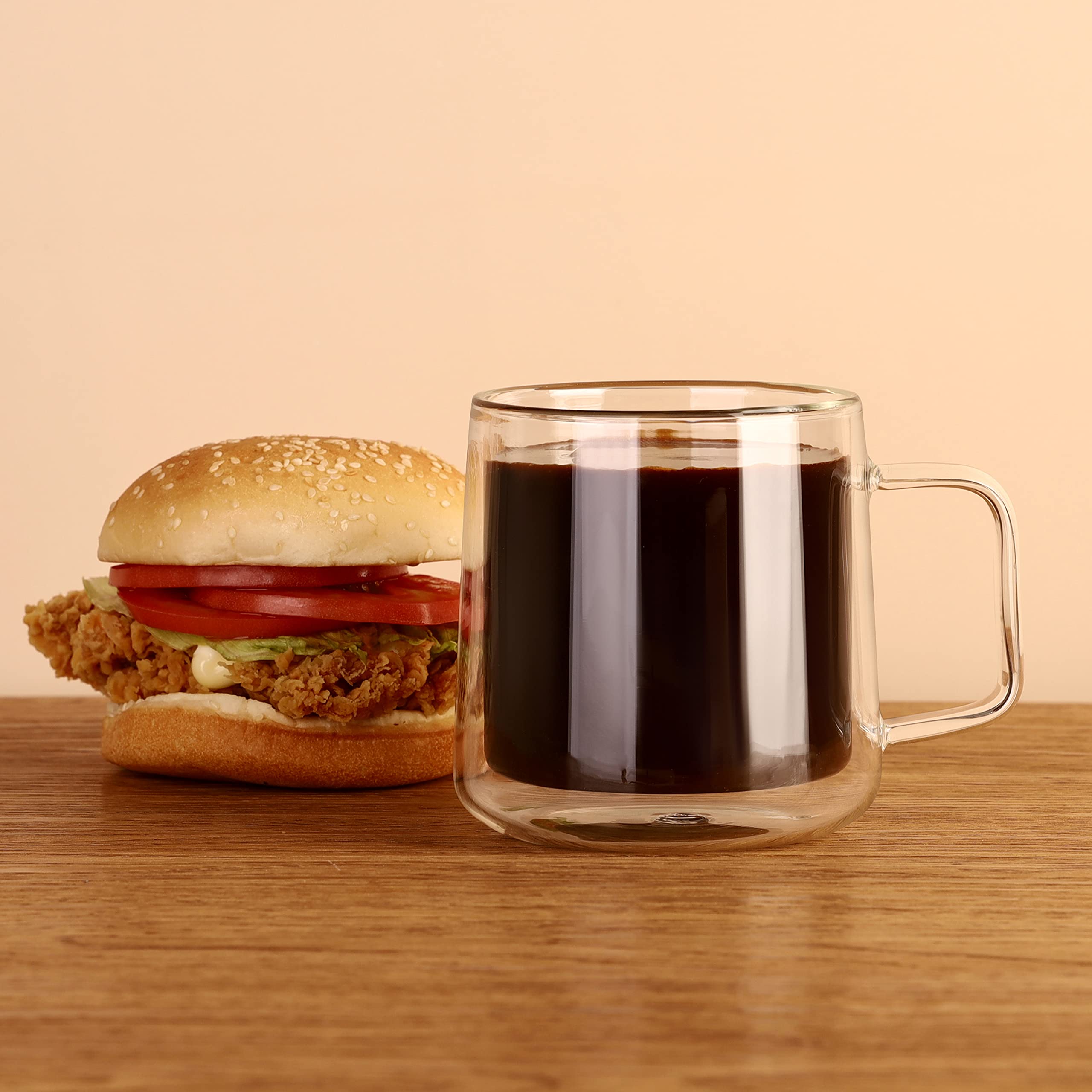 CNGLASS Double Wall Insulated Glass Coffee Mug 15.2oz (450ml) - Clear Espresso Cup with Handle - Perfect for Hot & Cold Beverages - Ideal for Home, Office or Cafe Use