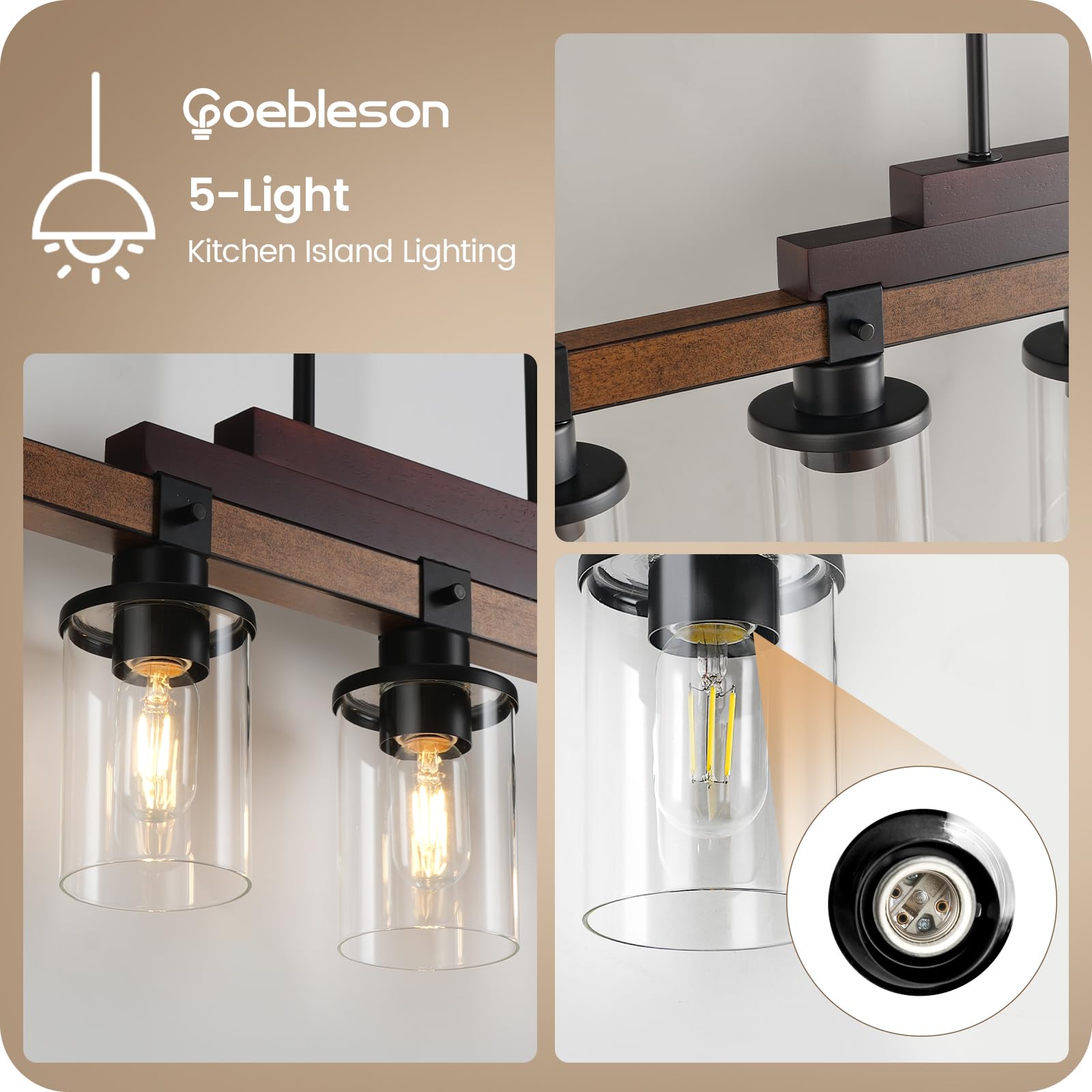 5-Light Kitchen Island Pendant Lighting Fixture - Heavy Duty Modern Dining Room Chandelier with Glass Shades, E26 Base - Perfect for Kitchen, Dining Room, Bar Counter & Breakfast Nook Lighting