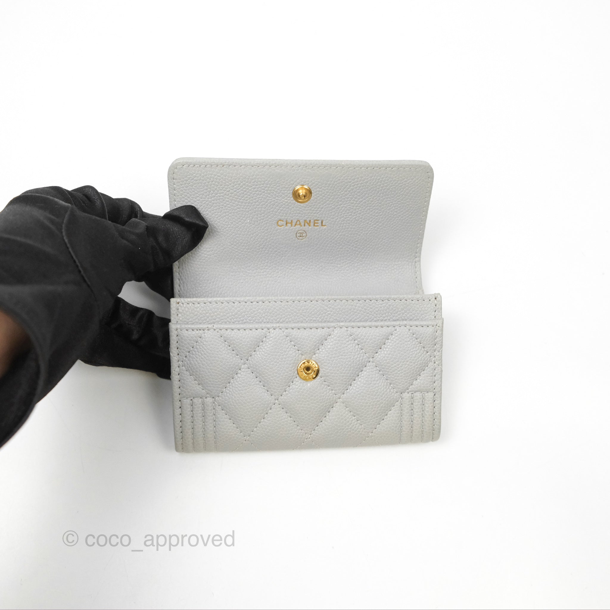 Chanel Boy Quilted Flap Card Holder Wallet in Grey Caviar Leather with Aged Gold Hardware - Perfect for Everyday Use & Luxury Gift Giving
