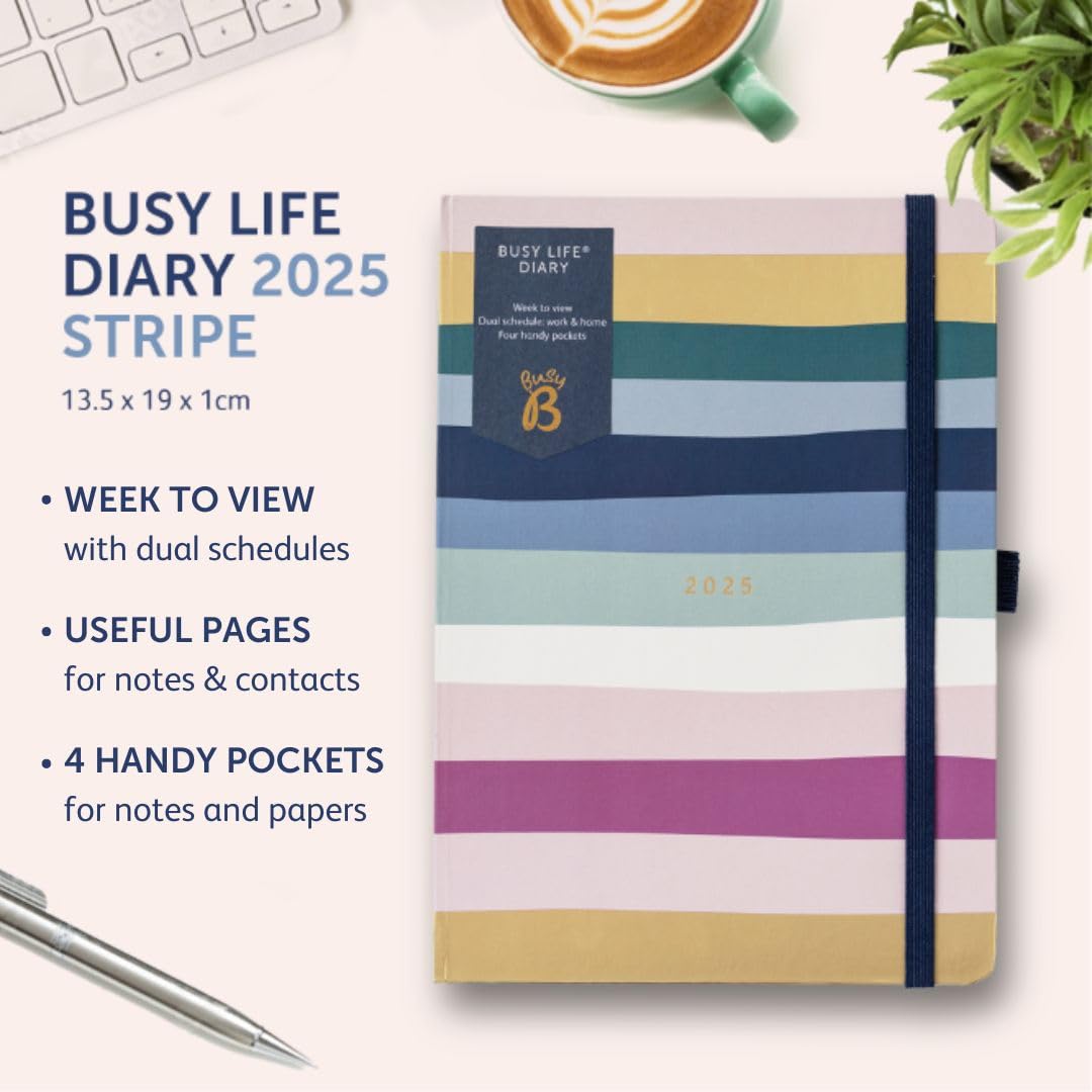 Busy B A5 2025 Planner - Weekly & Monthly Organizer with Dual Schedules, Yearly Calendar, Pen Holder & Elastic Closure | Pastel Stripe Design | Perfect for Students, Teachers & Professionals | School, Office & Personal Planning