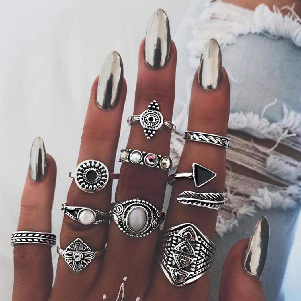 Opal Leaf Knuckle Ring Set - Vintage Stackable Rings for Women & Girls - Boho Jewelry for Parties, Weddings & Everyday Wear