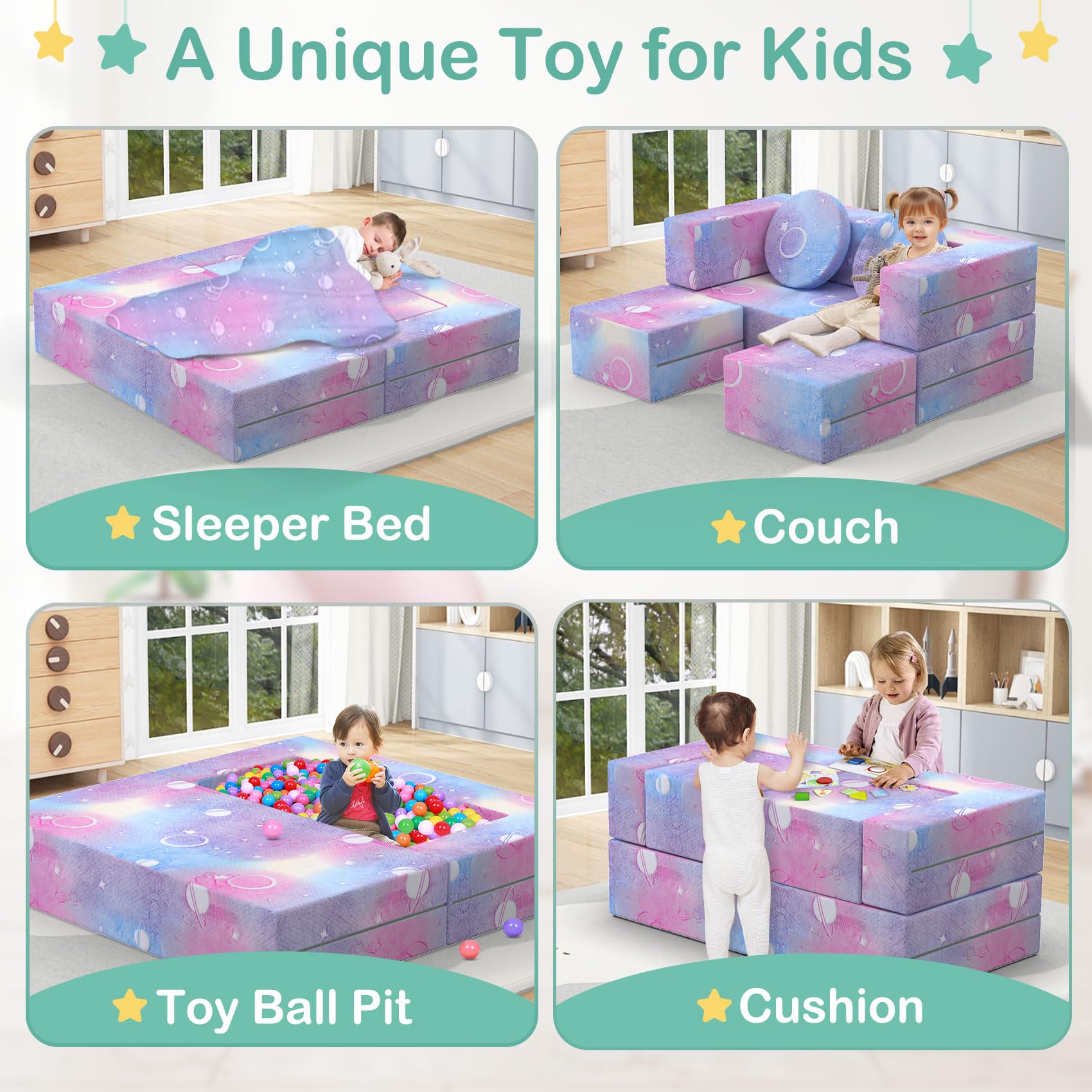 BIERUM Kids Couch - 6PCS Modular Play Sofa with Glow Effects & Blanket, Convertible Toddler Couch for Girls Boys - Perfect for Playroom, Nursery, Indoor Play & Family Movie Nights