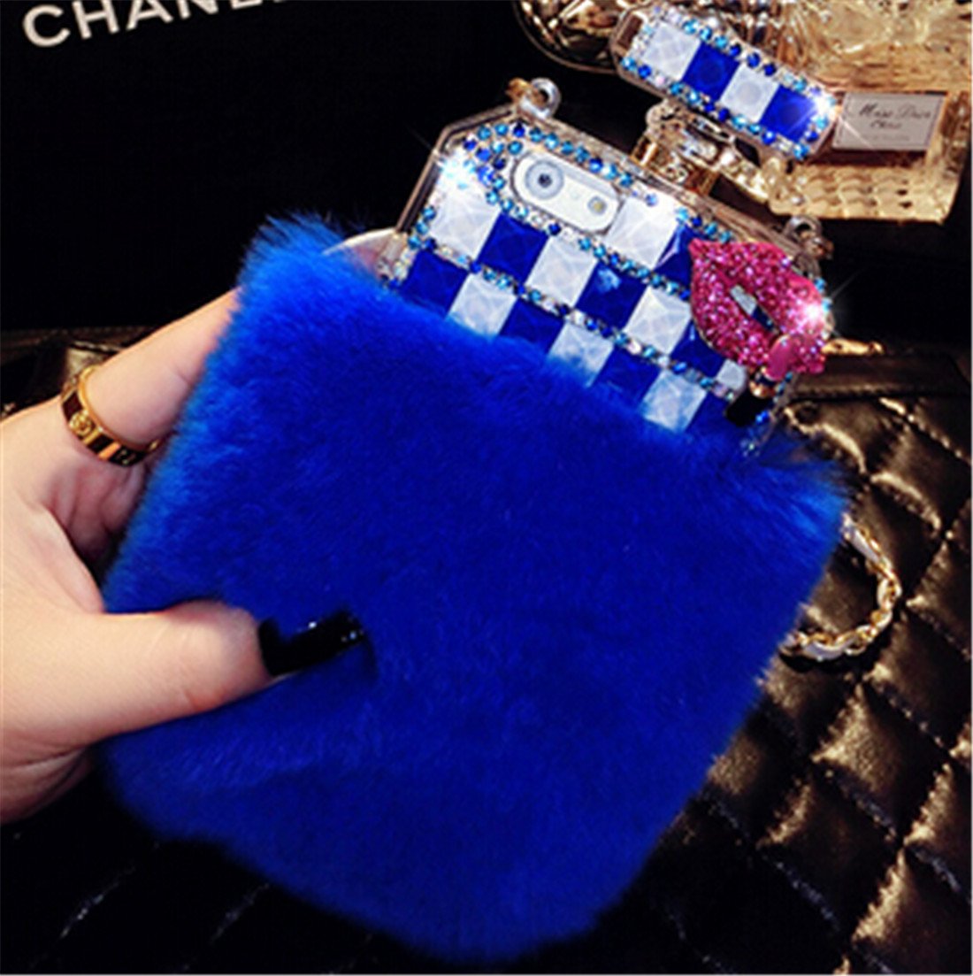 Luxury Crystal Perfume Bottle iPhone X/XS Case - Shiny Bling Diamond Design with Rex Rabbit Fur Plush Back Cover (Blue) | Perfect for Parties, Gifts & Fashion Accessories