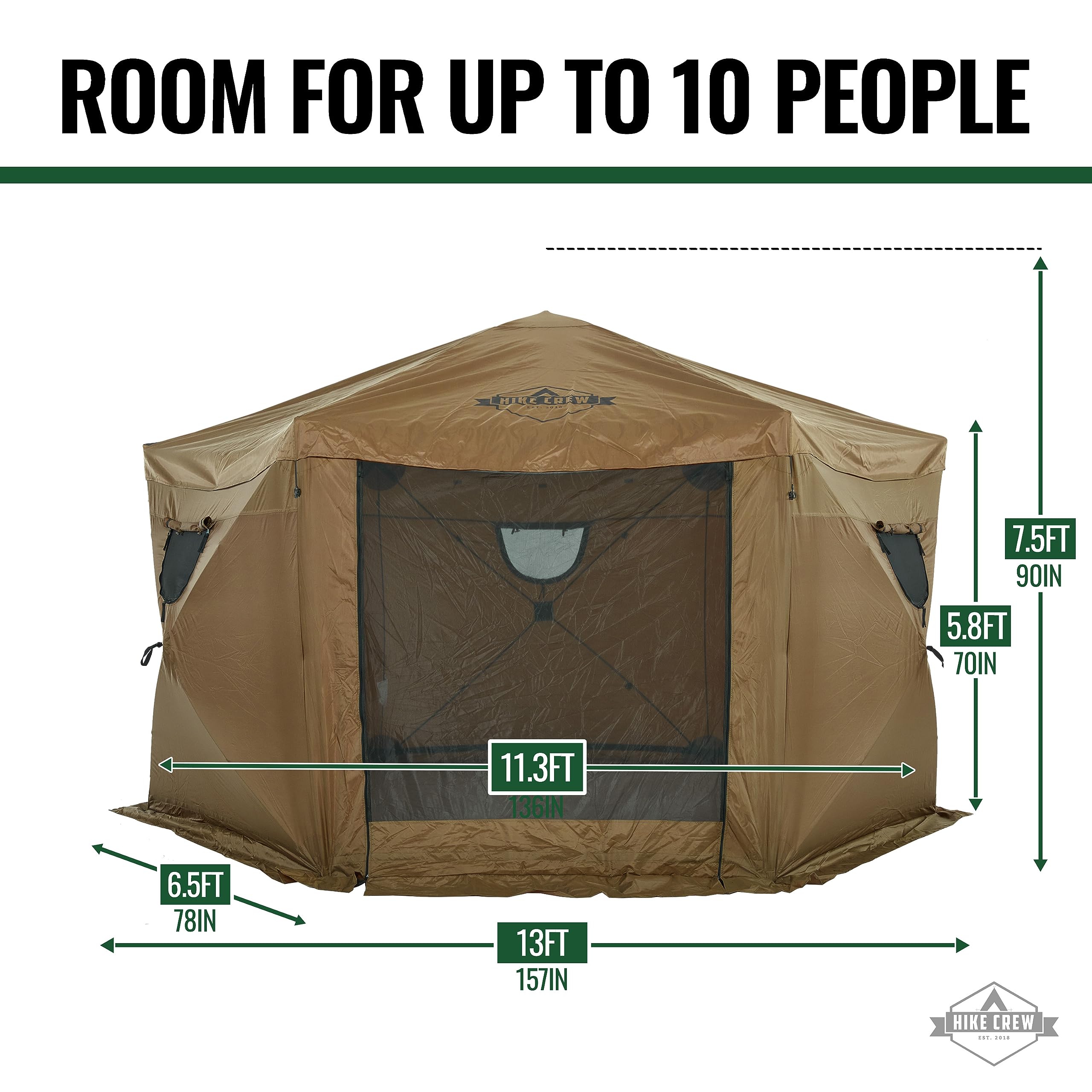Hike Crew 13’ x 13’ Waterproof Pop-Up Gazebo Tent with Built-in Floor | 6-Sided Outdoor Canopy Shelter, Screened Roof & Cover, UV Resistant SPF 50+ | Perfect for Camping, Backyard Parties, Beach Outings & Outdoor Events
