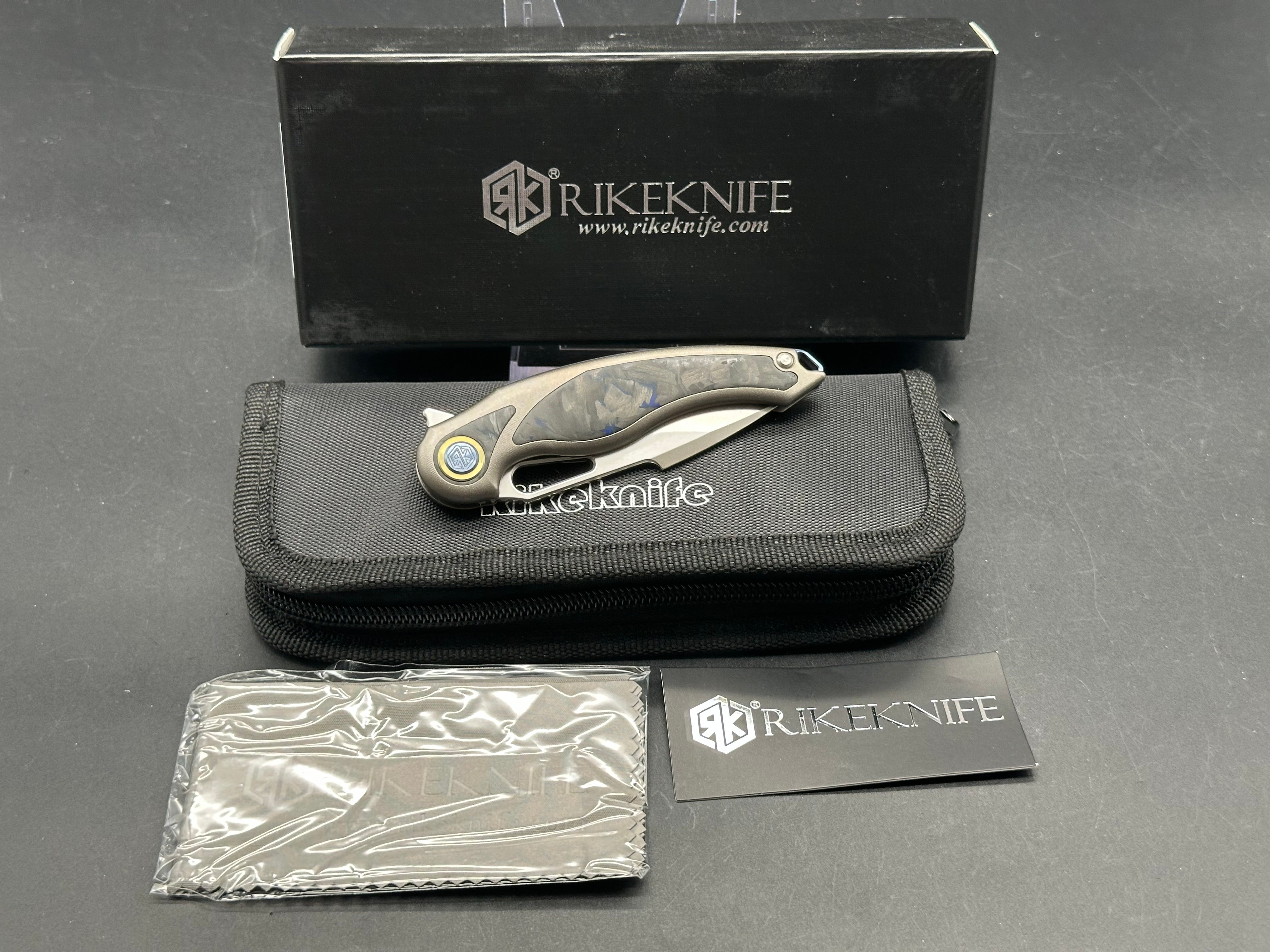 Rike Knives Unicorn Folding Pocket Knife - M390 Steel Blade, Black/Blue Carbon Fiber Handle - EDC, Outdoor, Camping, Hunting, Survival Gear