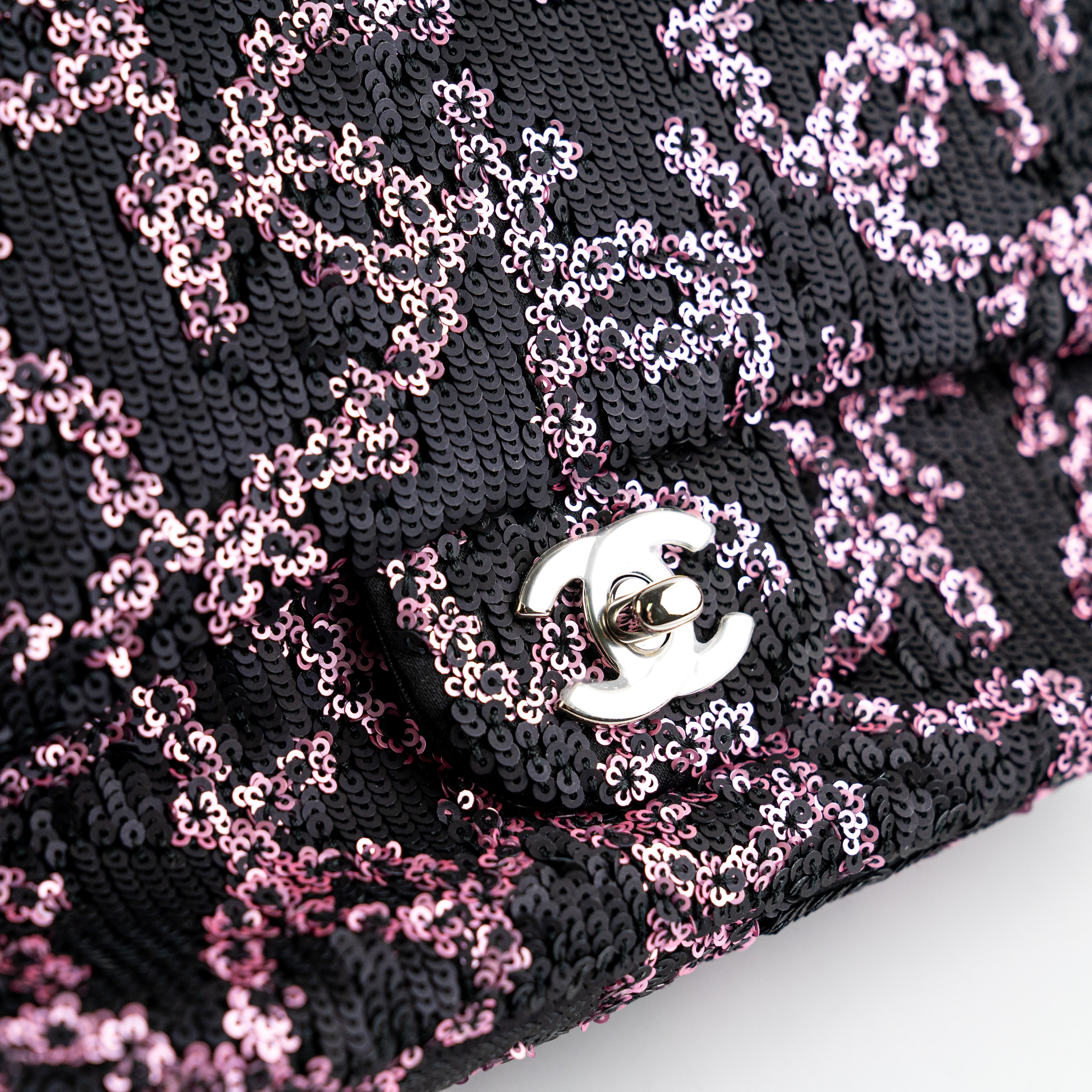 Chanel Medium/Large Classic Flap Bag with Sequin in Pink & Black | Luxury Designer Handbag for Women | Perfect for Evening Parties & Special Occasions