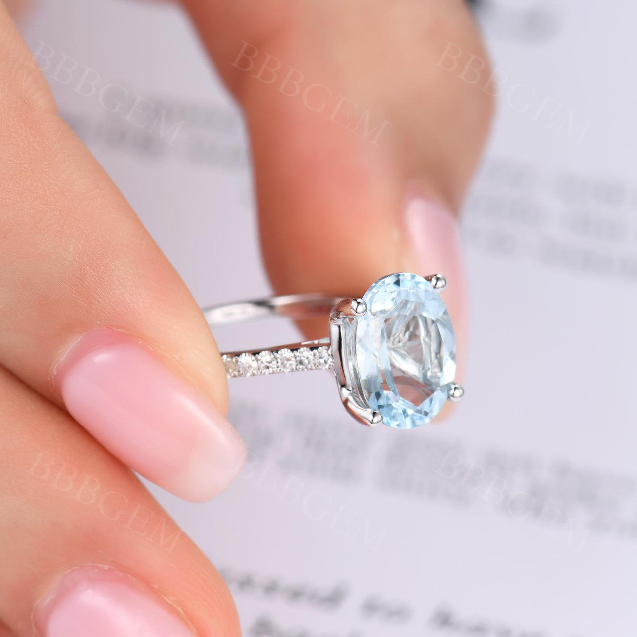 14K White Gold Oval Cut Aquamarine Solitaire Ring with Half Eternity Diamond Accents - Perfect for Engagement, Anniversary & Special Occasion Gifts