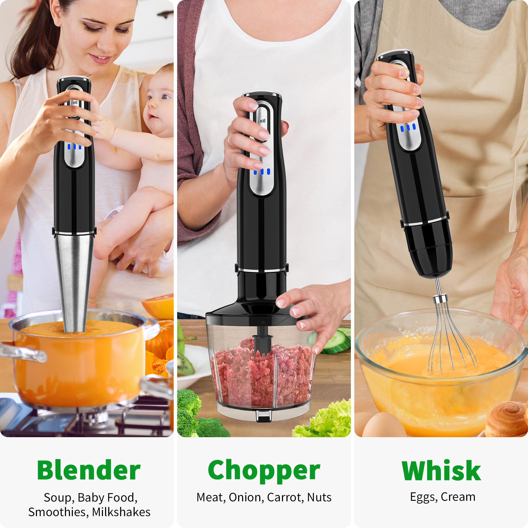 Rechargeable 4-in-1 Cordless Immersion Blender with Stainless Steel Blade - Handheld Electric Stick Blender with Chopper, Beaker & Whisk - Perfect for Soups, Baby Food, Smoothies & Kitchen Blending Tasks