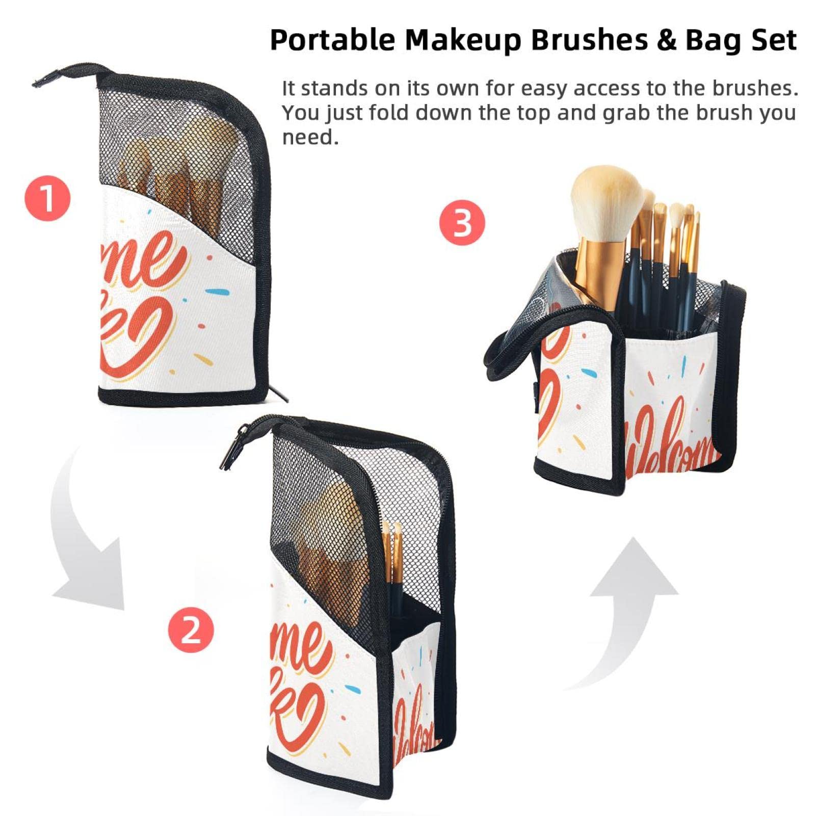 12-Piece Makeup Brush Organizer Bag with Letter Welcome Back Design - Portable Makeup Brush Holder Case for Travel & Home Storage