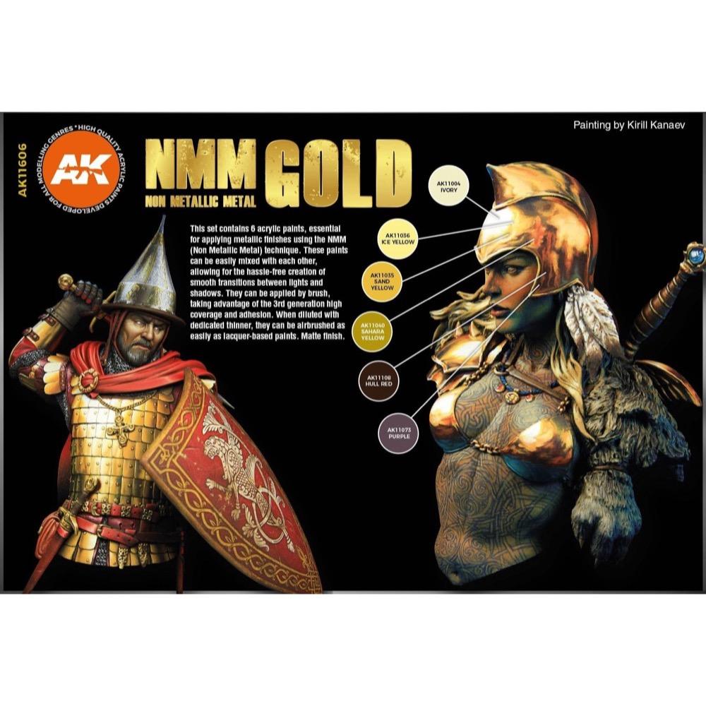 AK Interactive 11606 Non Metallic Metal NMM Gold Set - 3rd Generation Acrylic Paint Kit for Miniature Painting & Model Kits | Perfect for Warhammer, D&D, and Scale Models