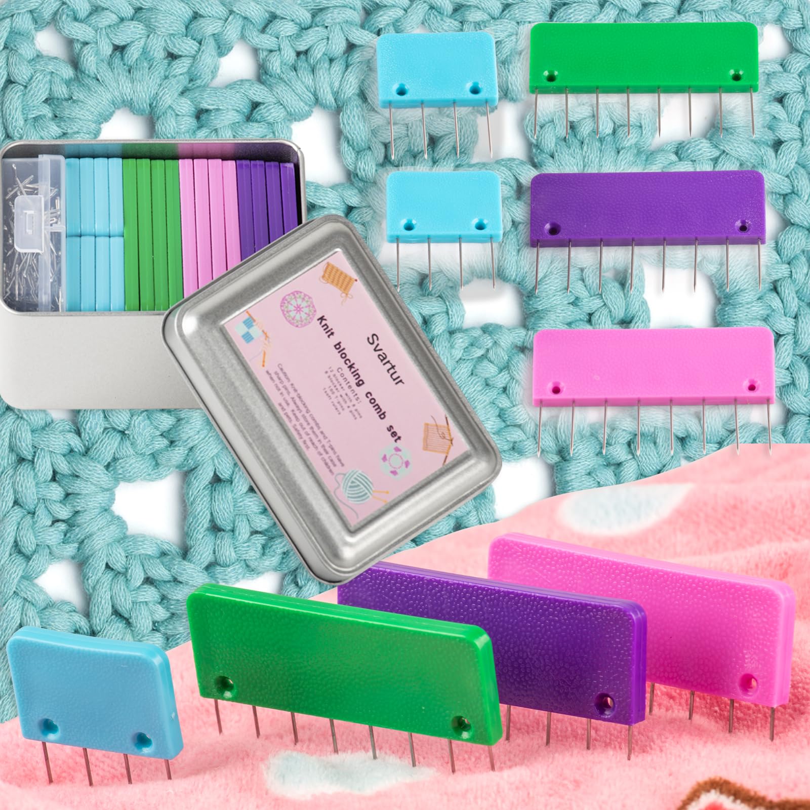 Crochet Blocking Pin Kit with 20 Knit Blocking Combs & 100 T-Pins - Rainbow Knitting Block Pins for Blocking Mats in Multicolor & White - Perfect for DIY Knitting, Crochet Projects & Fabric Blocking
