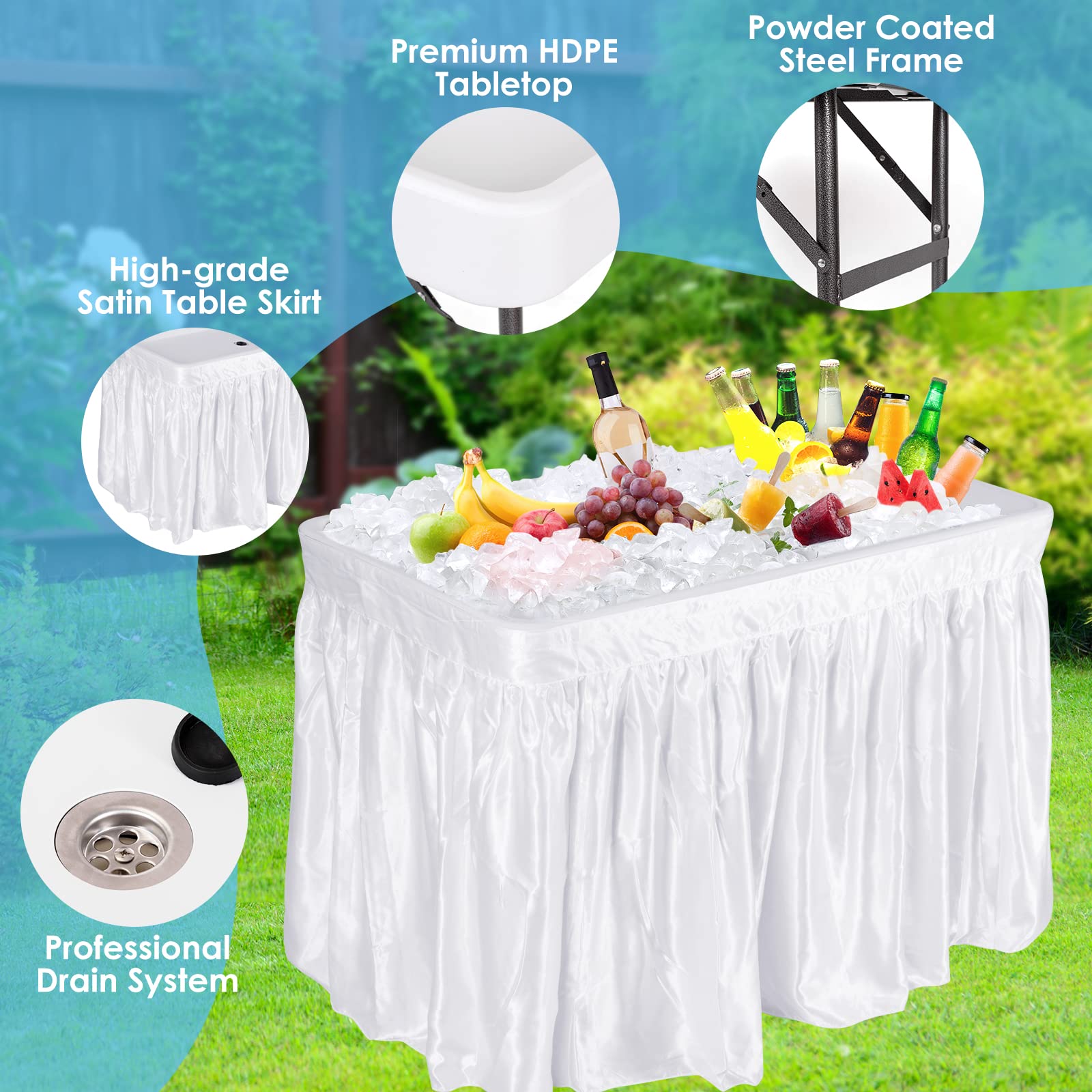 KOTEK Foldable Ice Cooler Table with Skirt & Drain Hose - Portable Beverage Cooler for Parties, Picnics, BBQ, Camping - Perfect for Outdoor Events, Tailgating, Beach Days & Backyard Gatherings (White)