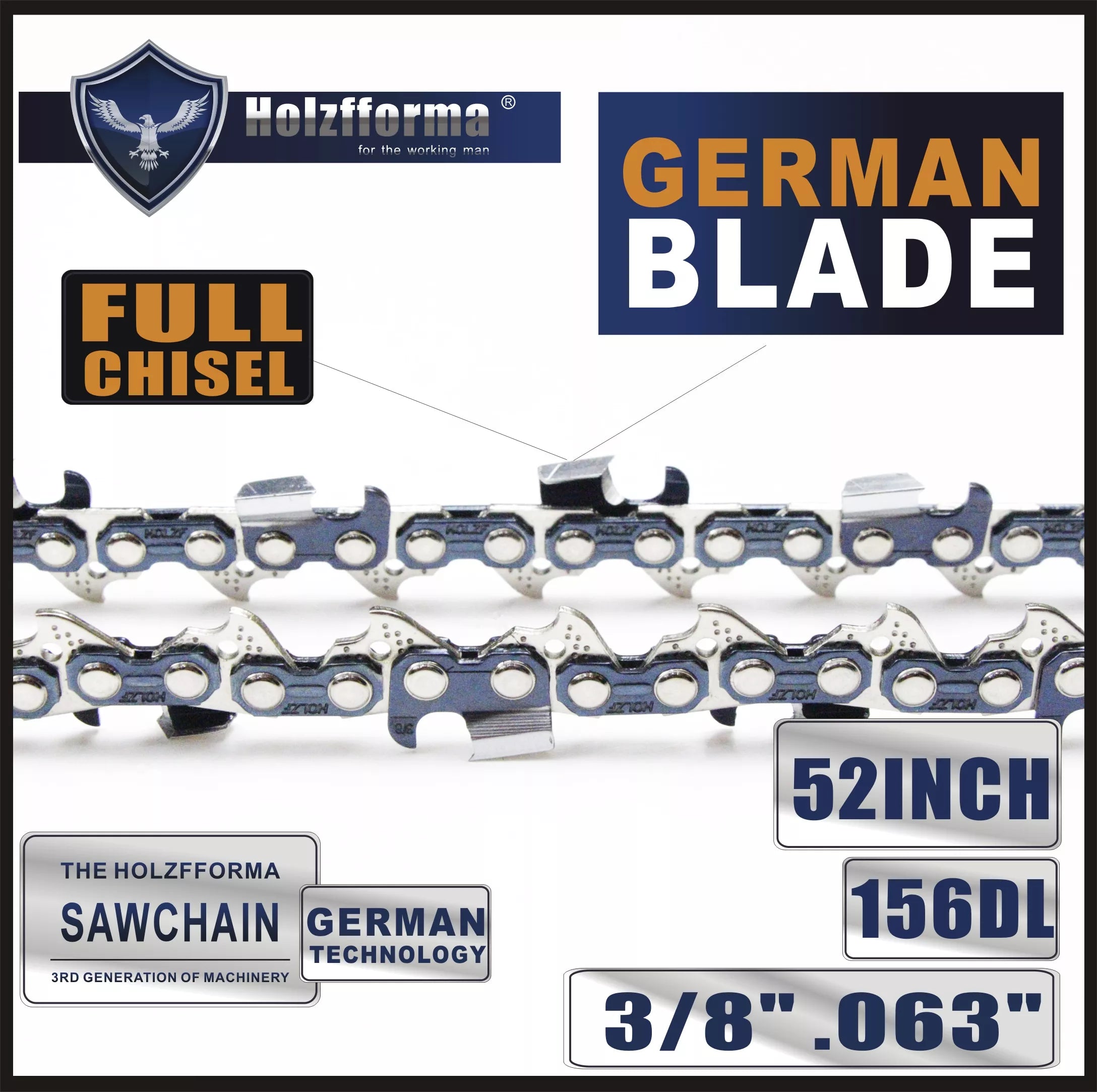 Holzfforma® 52 Inch 3/8 .063 156DL Full Chisel Saw Chain - Compatible with Stihl & Husqvarna Chainsaws - Ideal for Professional Logging, Tree Felling & Wood Cutting