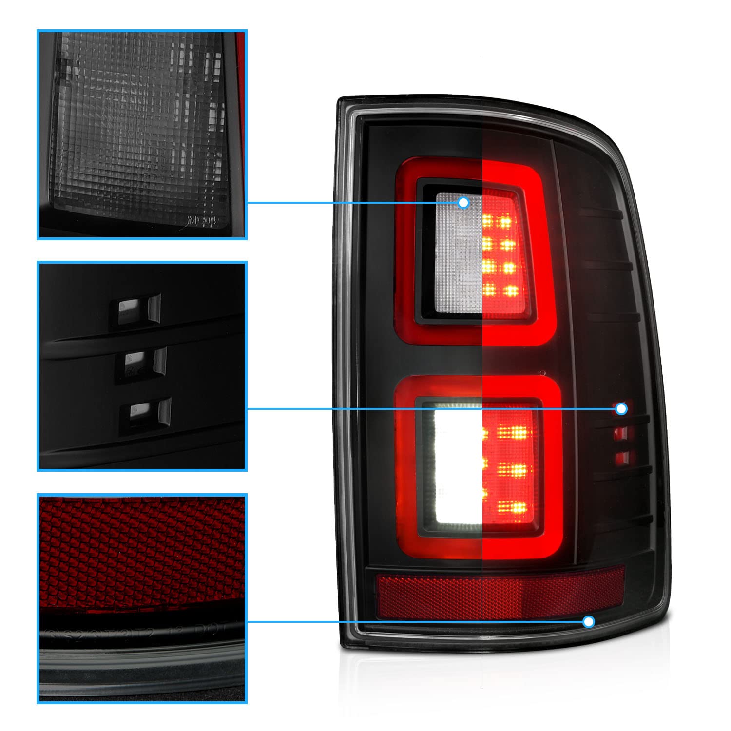 AmeriLite Smoke LED Light Bar Tail Lights - Full Function Replacement for 2009-2018 Dodge Ram 1500/2500/3500 Pickup Trucks | OE LED Compatible | Durable Off-Road & Night Driving Lighting Upgrade
