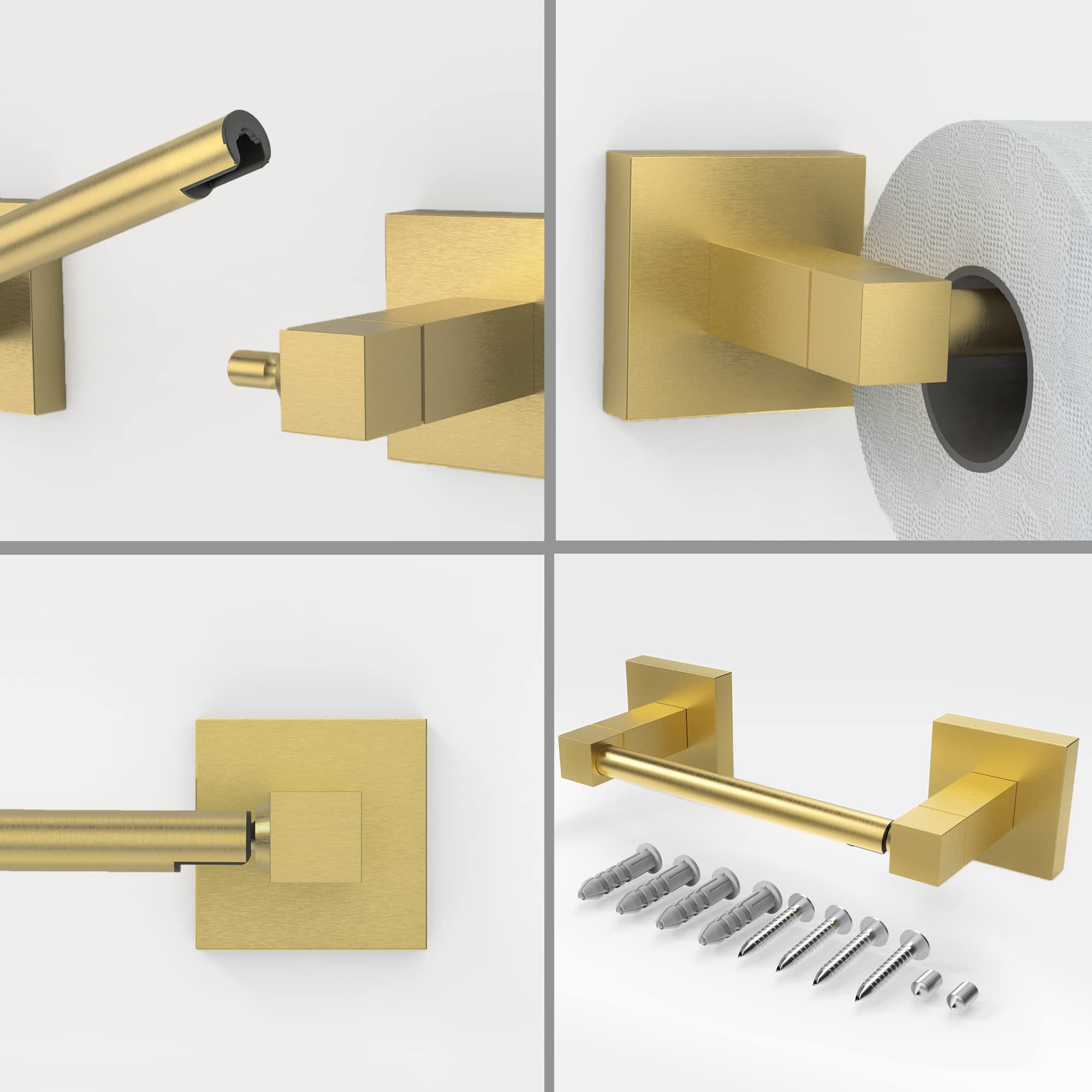 Ruacq Brushed Gold Toilet Paper Holder - Double Post Pivoting Square Tissue Roll Holder - Stainless Steel & Zinc Alloy Wall Mounted Bathroom Accessory - Perfect for Modern Homes, Apartments & Luxury Hotels
