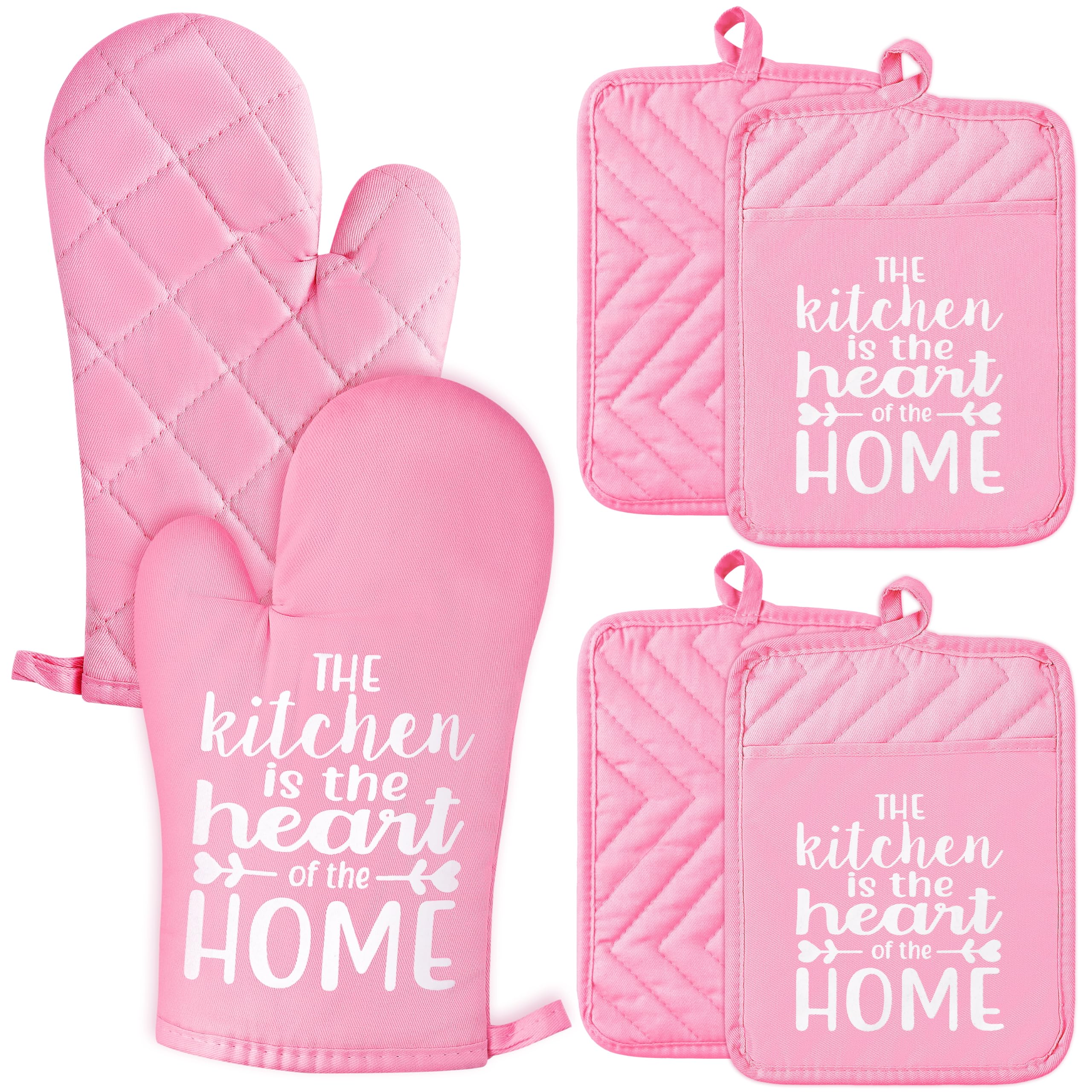 GROBRO7 6Pcs Funny Oven Mitts & Pot Holders - Heat Resistant Kitchen Gloves with Hanging Loop & Pocket - Machine Washable Hot Pads for Baking, Cooking, BBQ - Perfect Gift for Home Chefs (Pink)