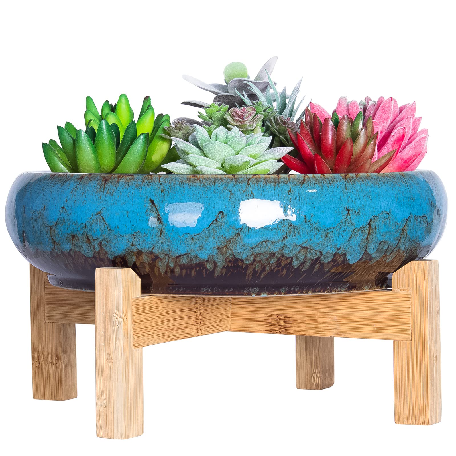 10 Inch Ceramic Succulent Pots with Drainage - Large Round Shallow Bonsai Planter with Stand for Cactus, Flowers & Indoor/Outdoor Plants | Decorative Garden Container Bowl for Home, Office & Patio Decor