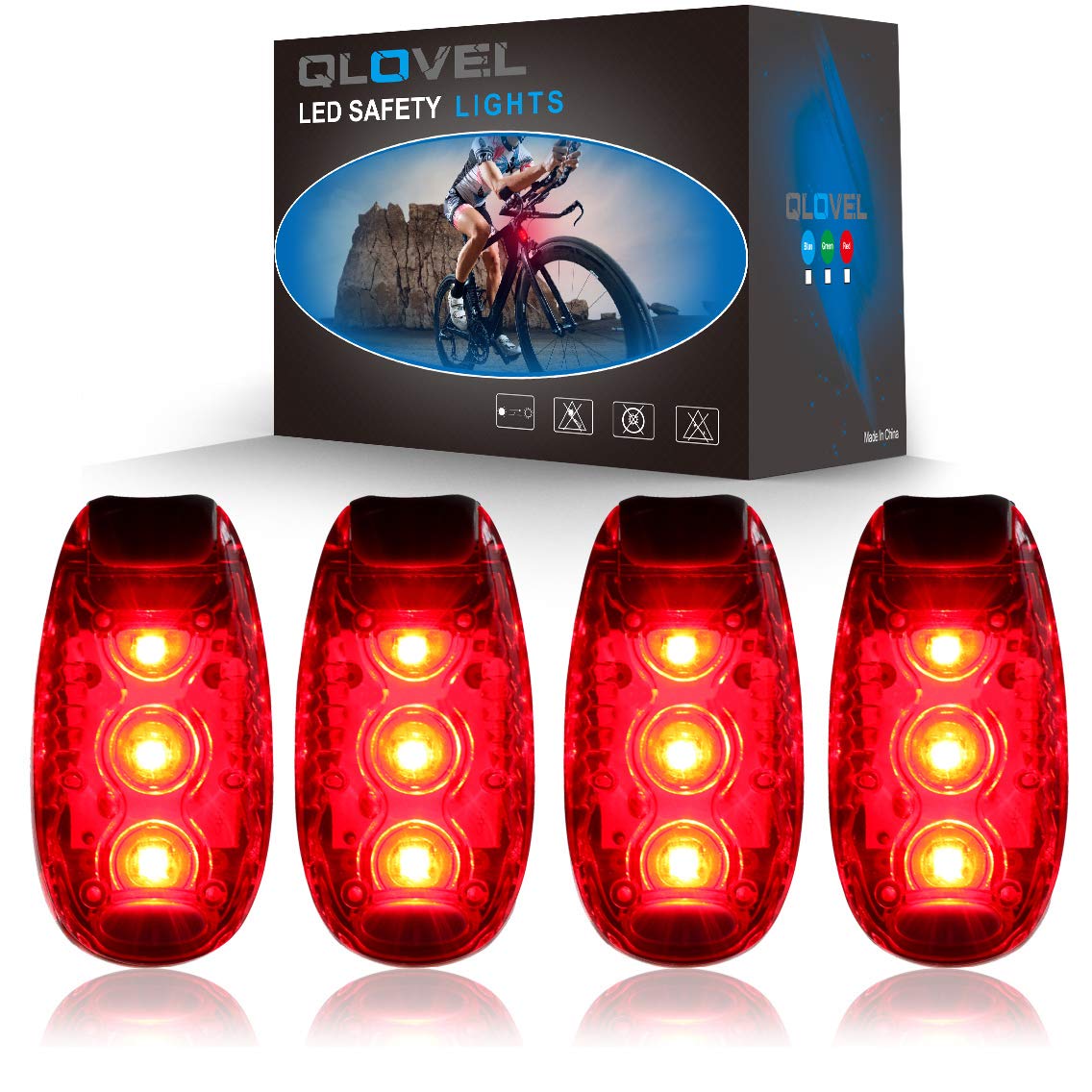 QLOVEL 4 Pack LED Safety Lights - Clip On Strobe Running Lights for Runners, Walking, Cycling, Dog Collars & Strollers | High Visibility Night Accessories for Outdoor Activities, Jogging, Boating & Emergency Situations