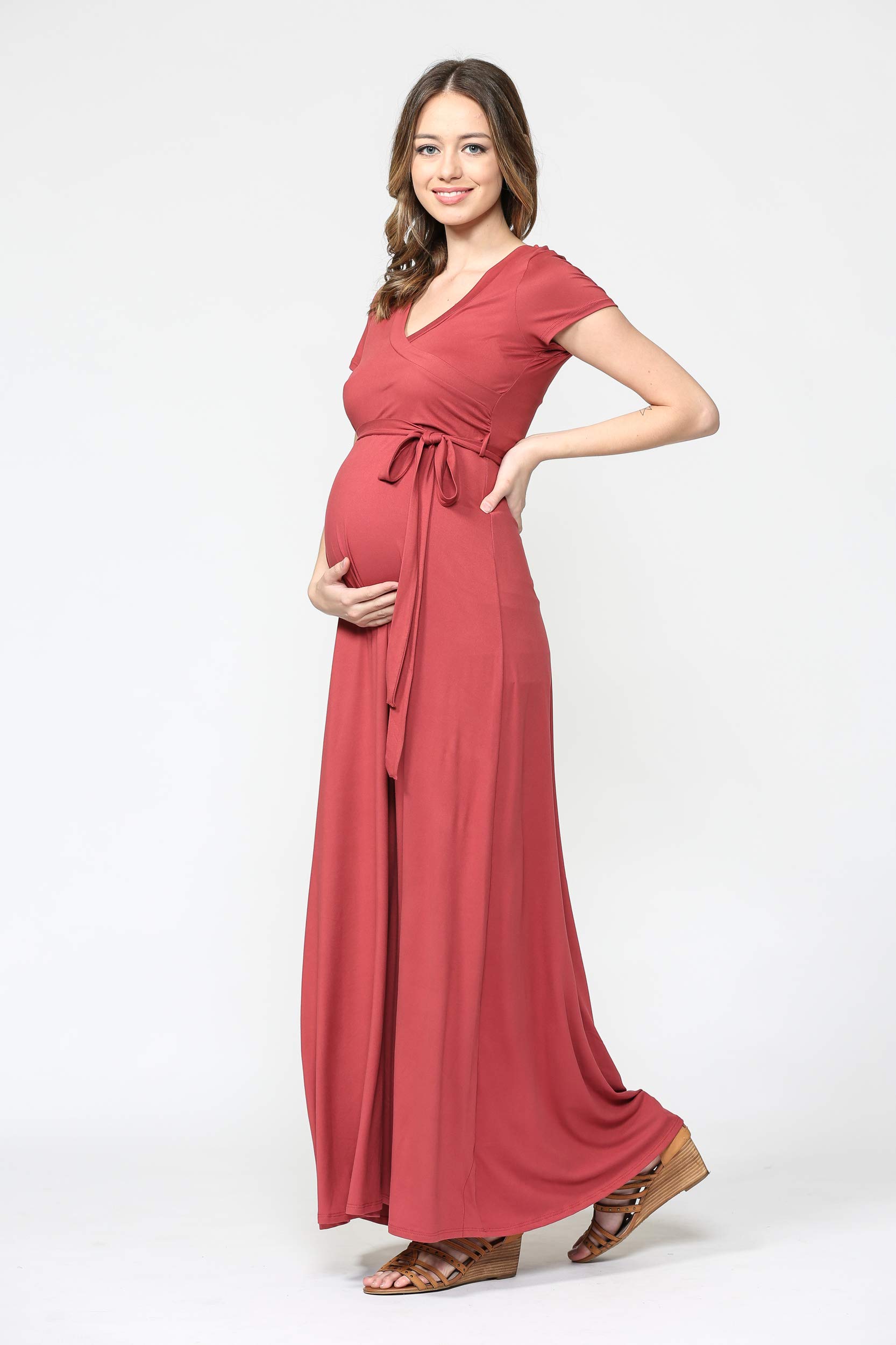 LaClef Women's Faux Wrap Maternity Maxi Dress with Adjustable Belt - Comfortable Pregnancy Dress for Baby Shower, Maternity Photos & Everyday Wear