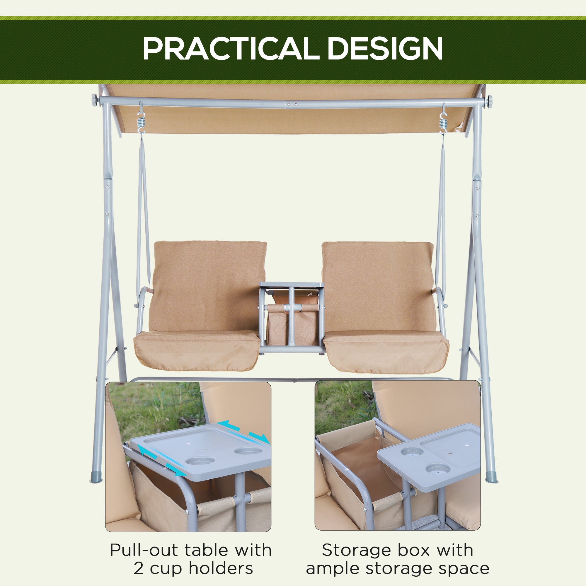 2 Person Porch Swing with Stand - Outdoor Canopy Swing Chair with Pivot Storage Table & 2 Cup Holders - Beige Patio Swing with Cushions for Backyard, Garden, Deck Relaxation